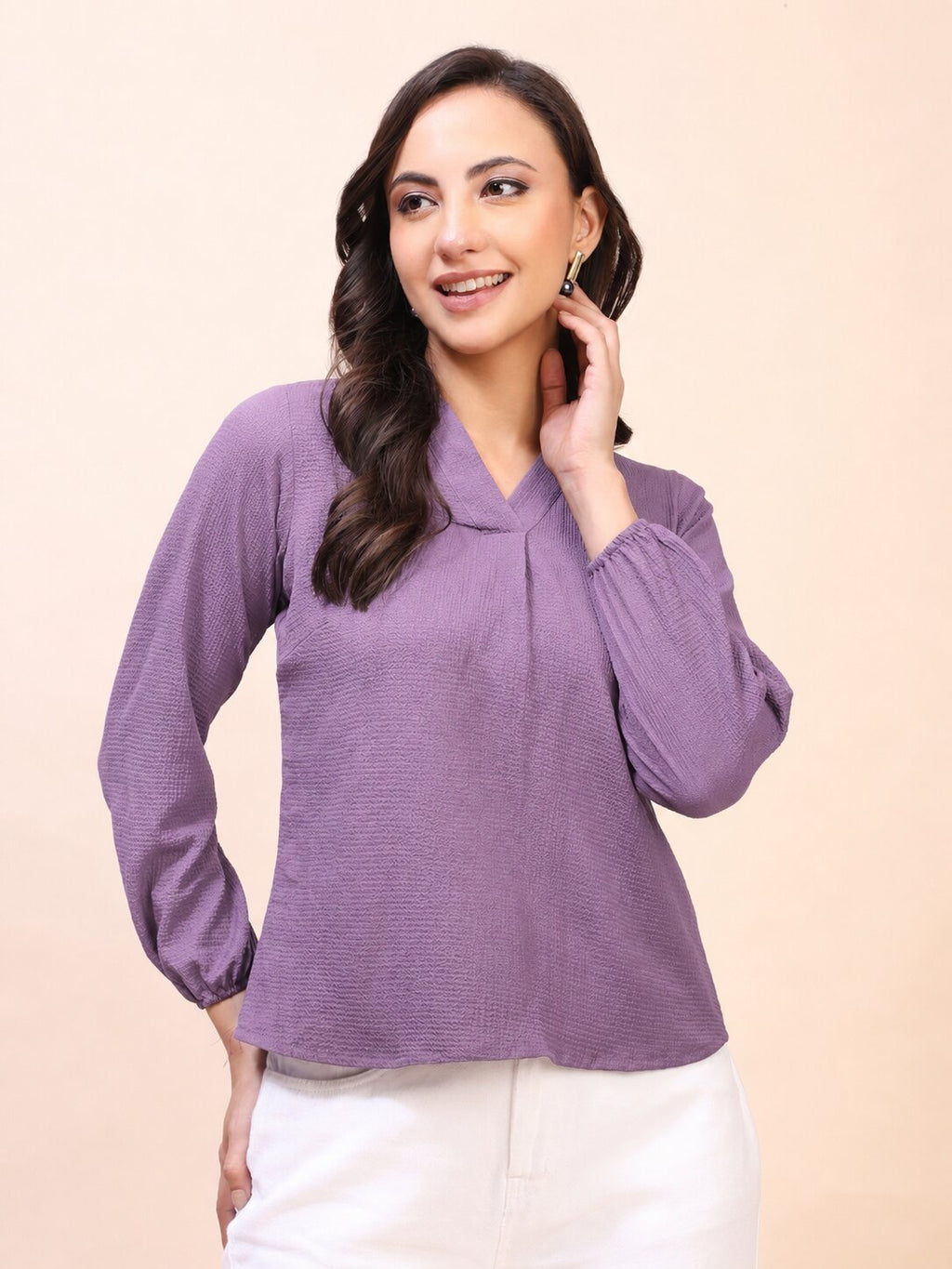 V-Neck Pleat Detail Full-Sleeve Top