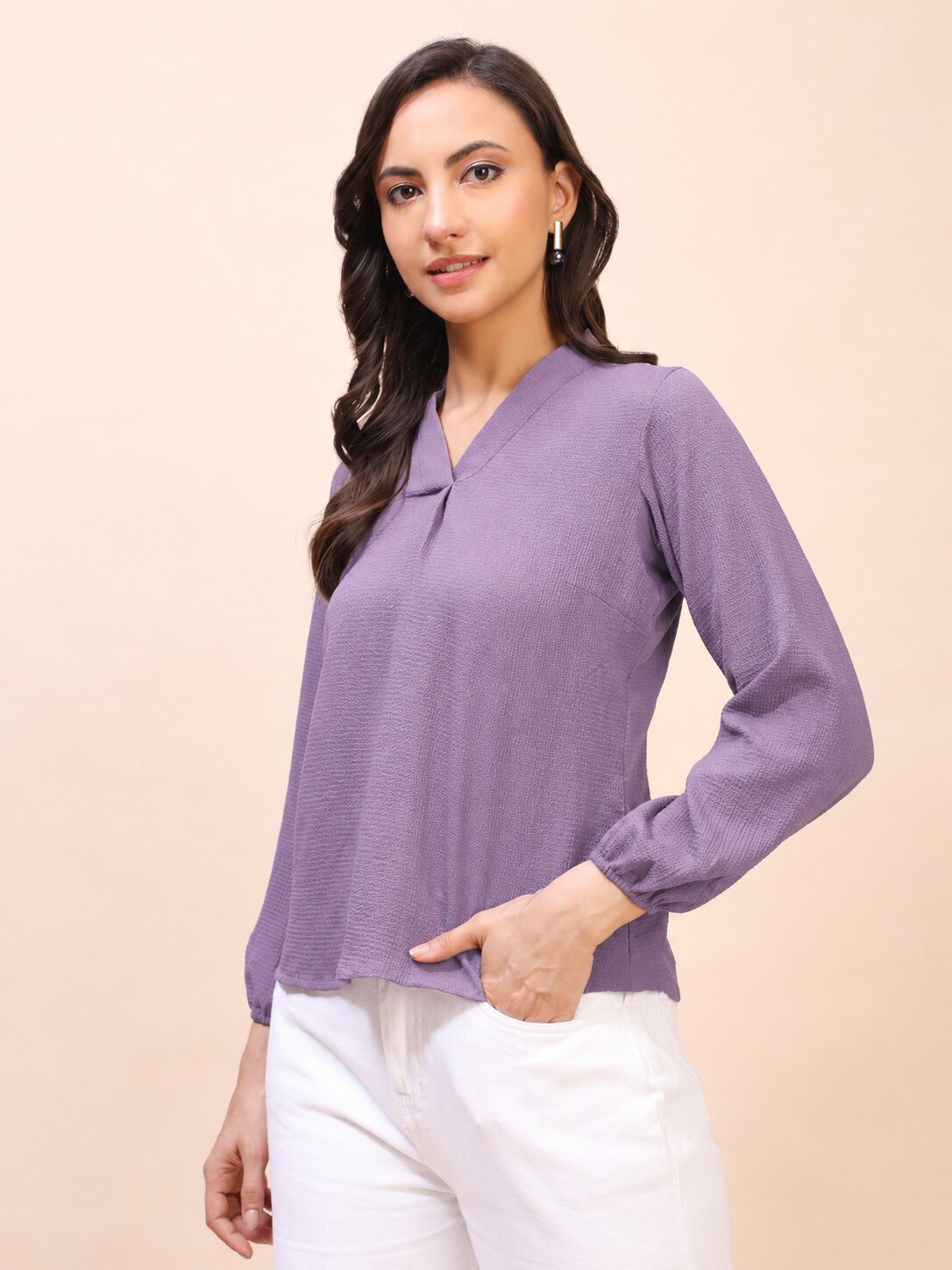 V-Neck Pleat Detail Full-Sleeve Top