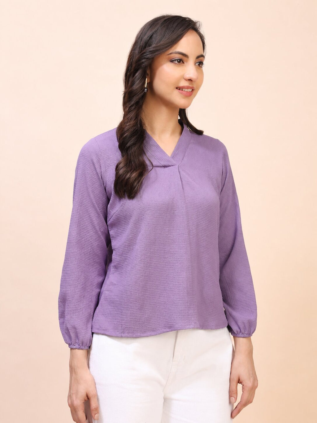 V-Neck Pleat Detail Full-Sleeve Top