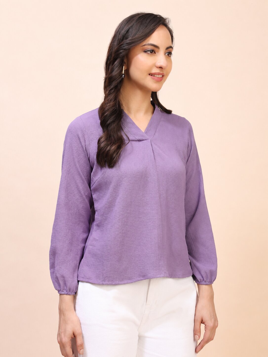 V-Neck Pleat Detail Full-Sleeve Top