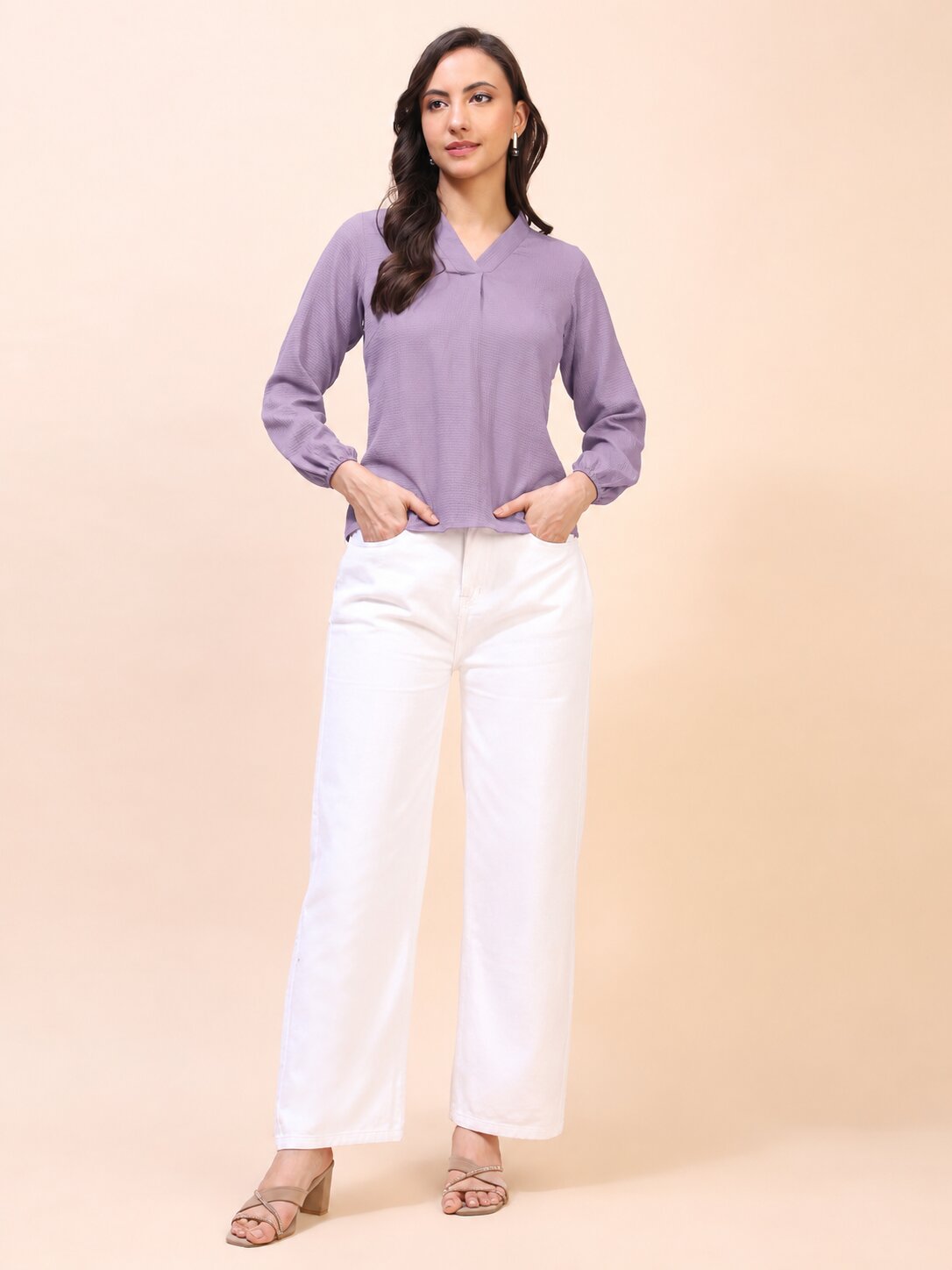 V-Neck Pleat Detail Full-Sleeve Top