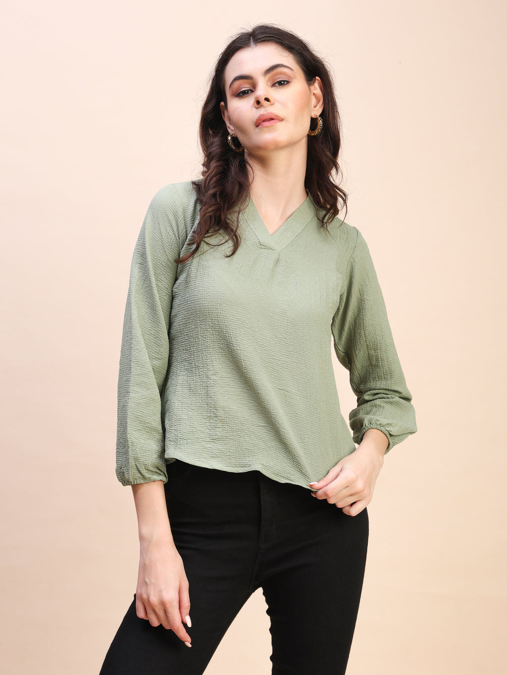 V-Neck Pleat Detail Full-Sleeve Top