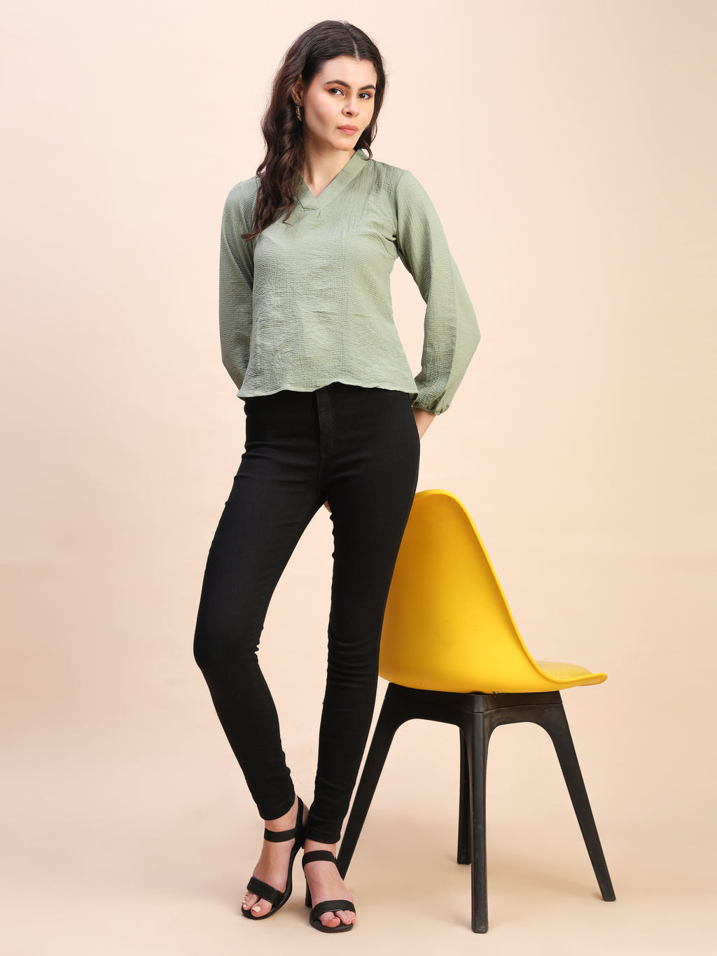 V-Neck Pleat Detail Full-Sleeve Top