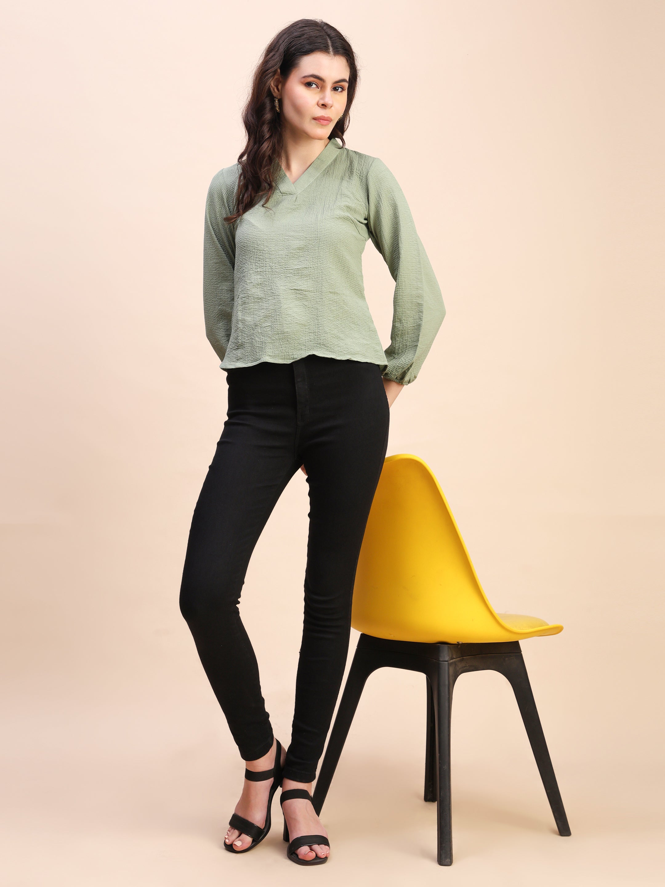V-Neck Pleat Detail Full-Sleeve Top