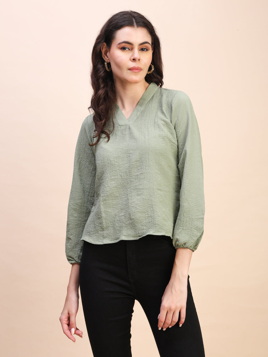 V-Neck Pleat Detail Full-Sleeve Top