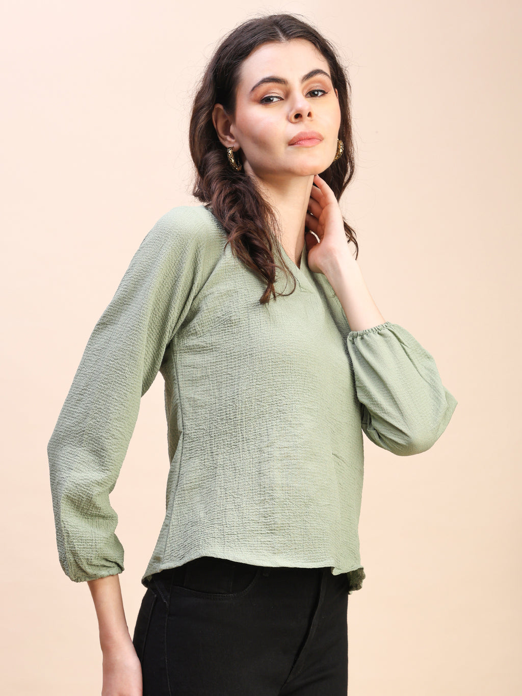 V-Neck Pleat Detail Full-Sleeve Top