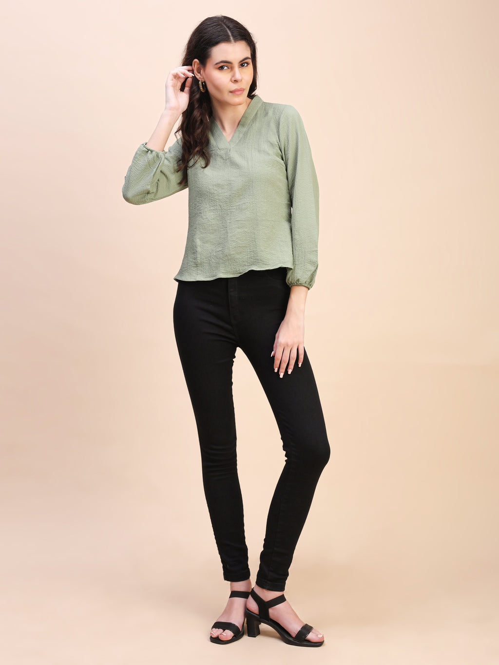 V-Neck Pleat Detail Full-Sleeve Top