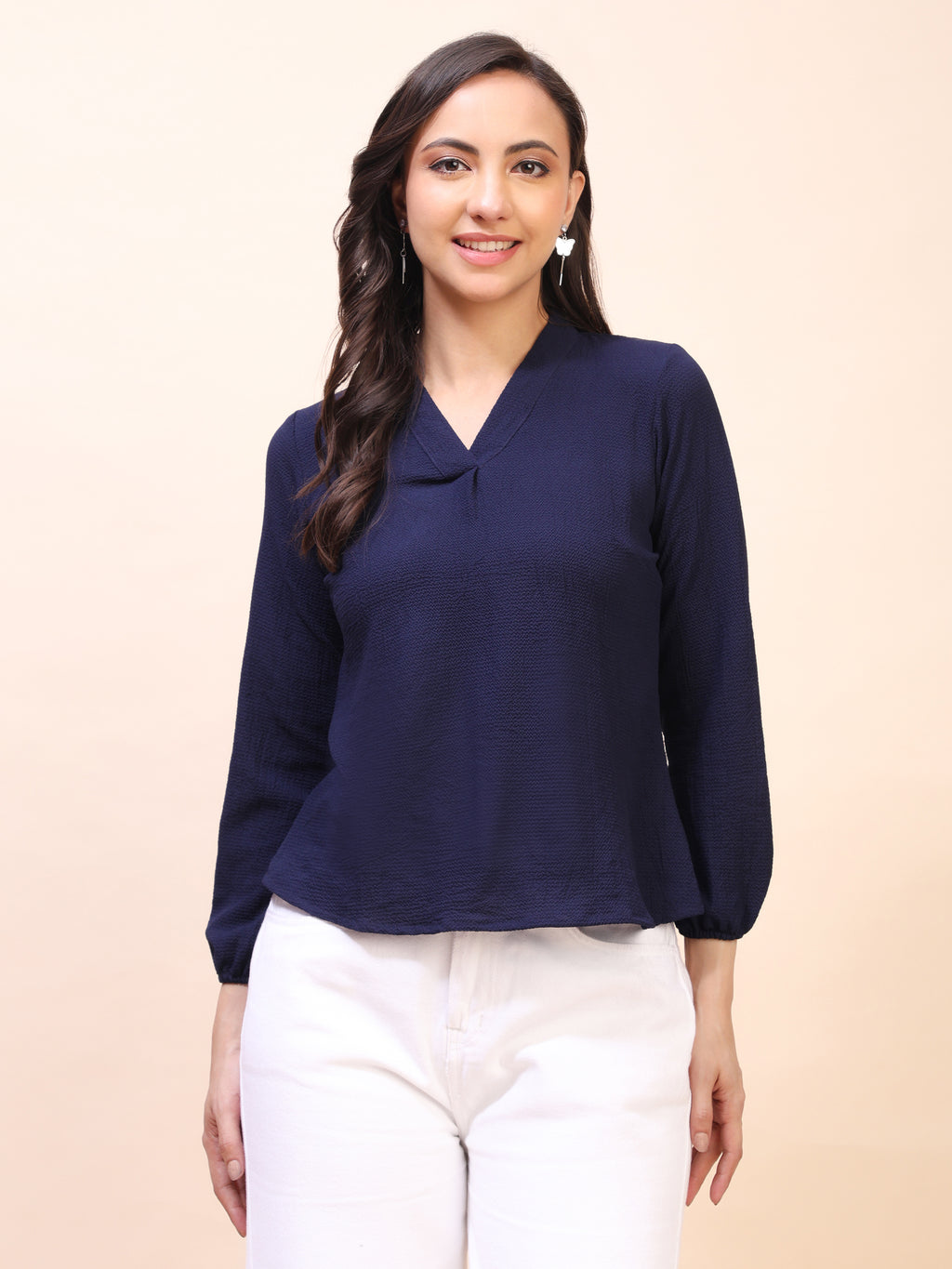 V-Neck Pleat Detail Full-Sleeve Top