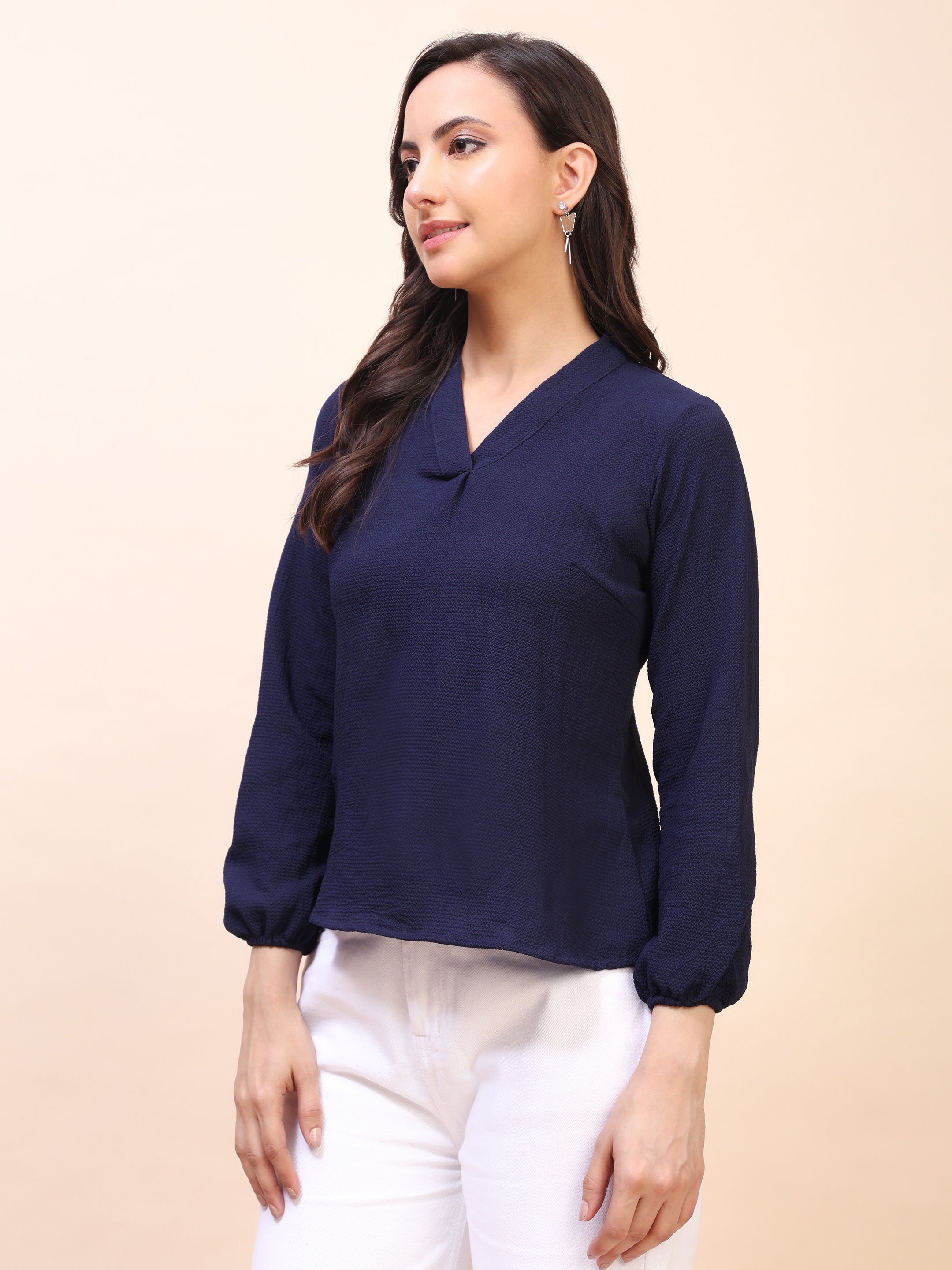 V-Neck Pleat Detail Full-Sleeve Top