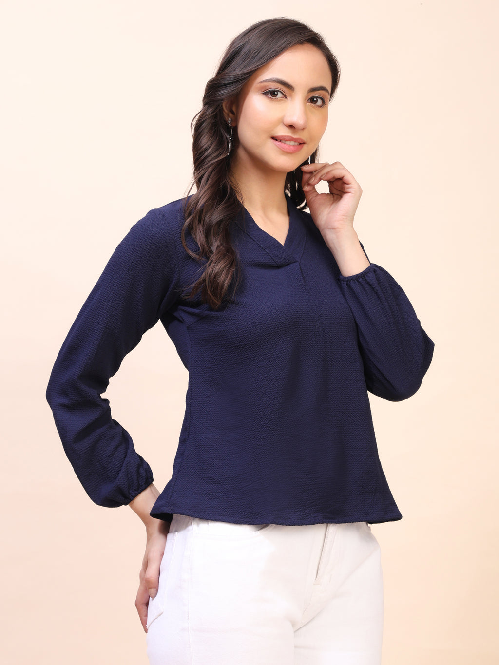 V-Neck Pleat Detail Full-Sleeve Top