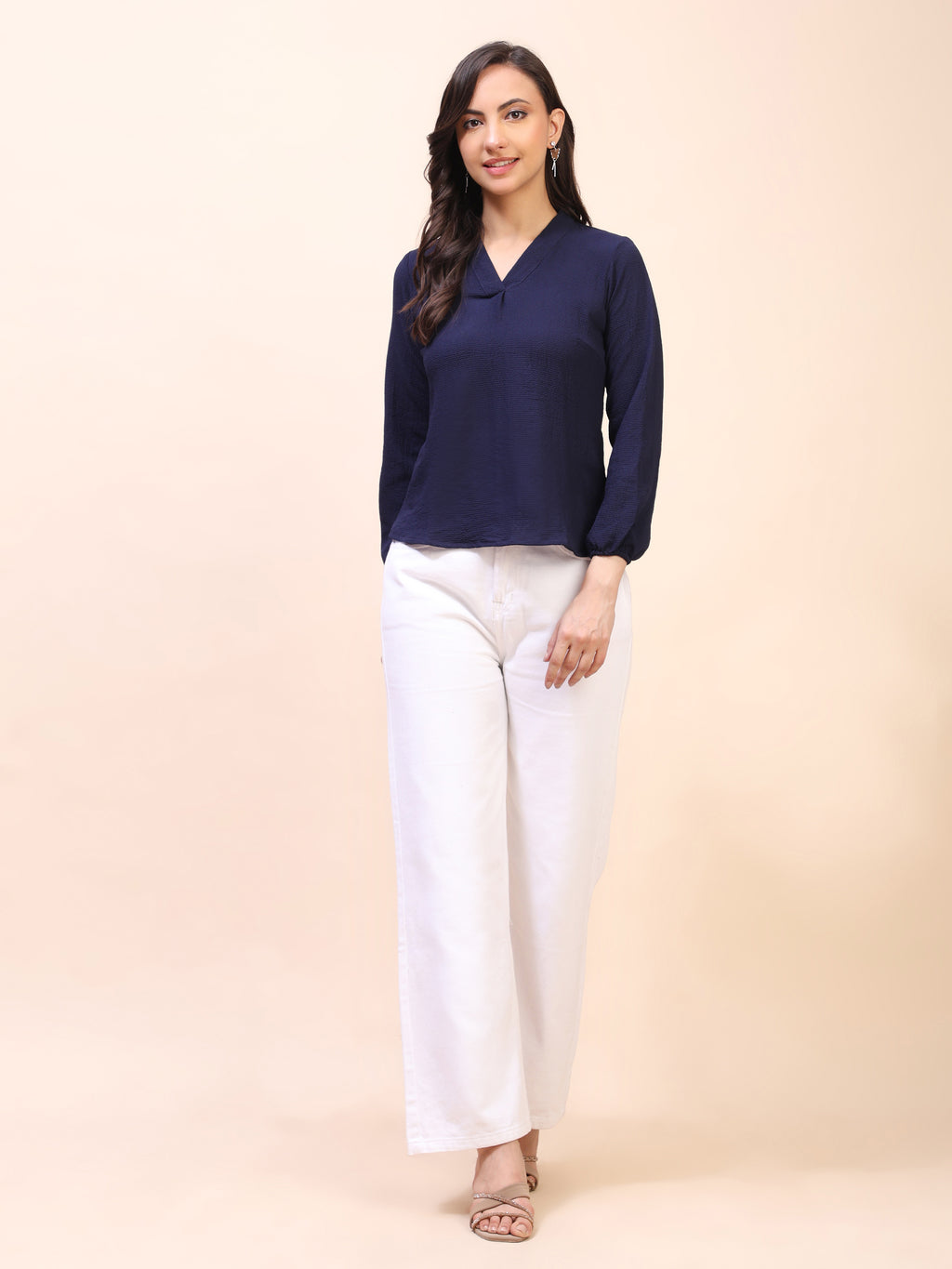 V-Neck Pleat Detail Full-Sleeve Top