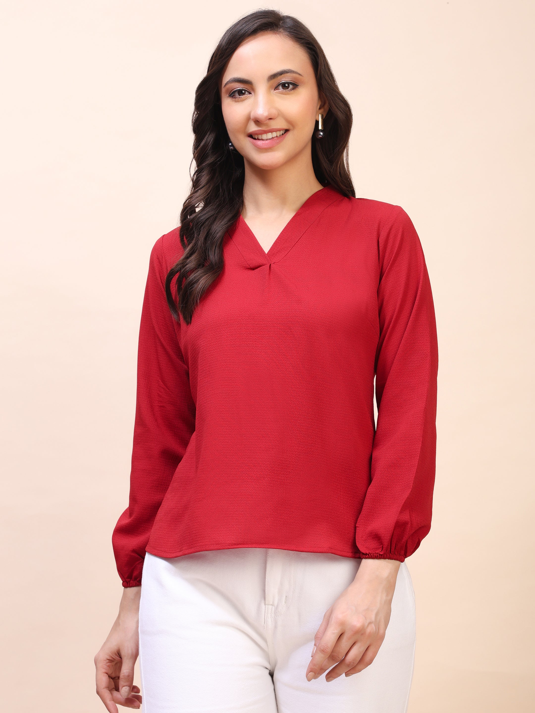 V-Neck Pleat Detail Full-Sleeve Top