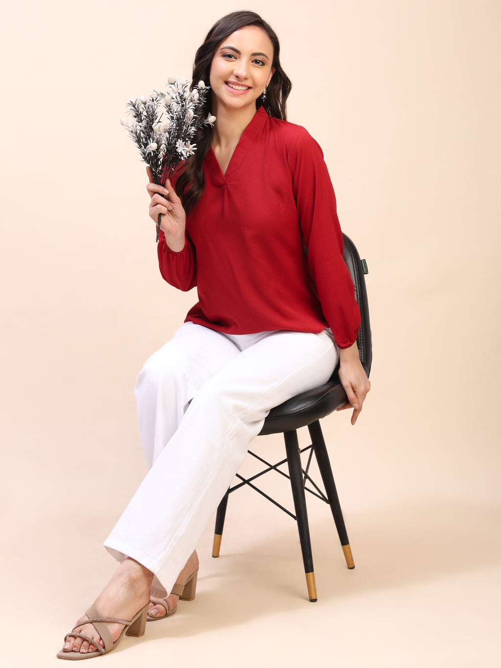 V-Neck Pleat Detail Full-Sleeve Top