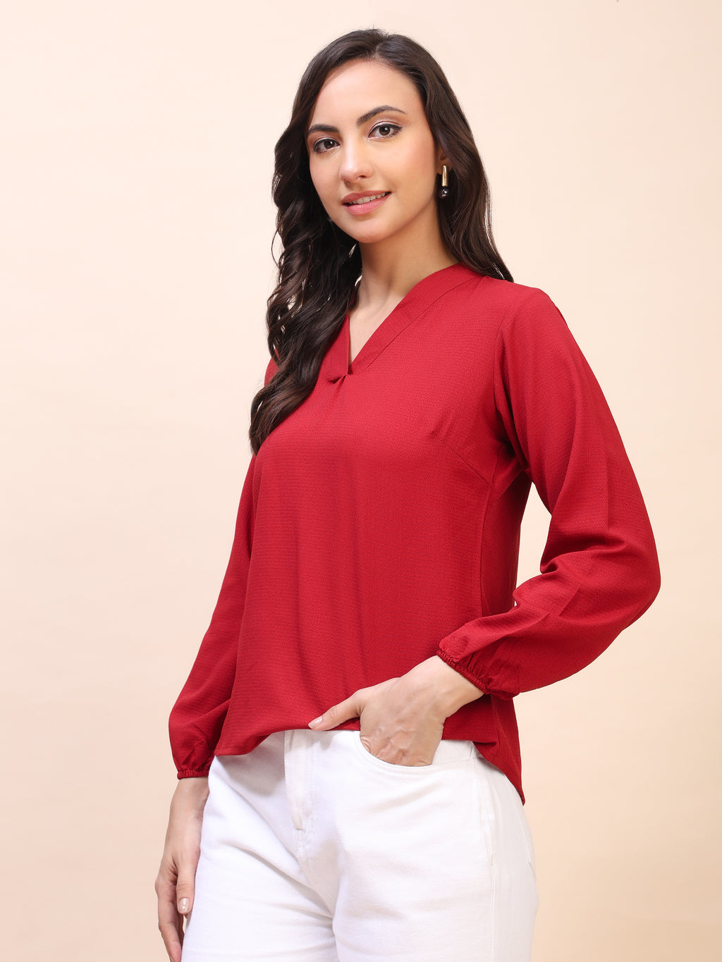 V-Neck Pleat Detail Full-Sleeve Top