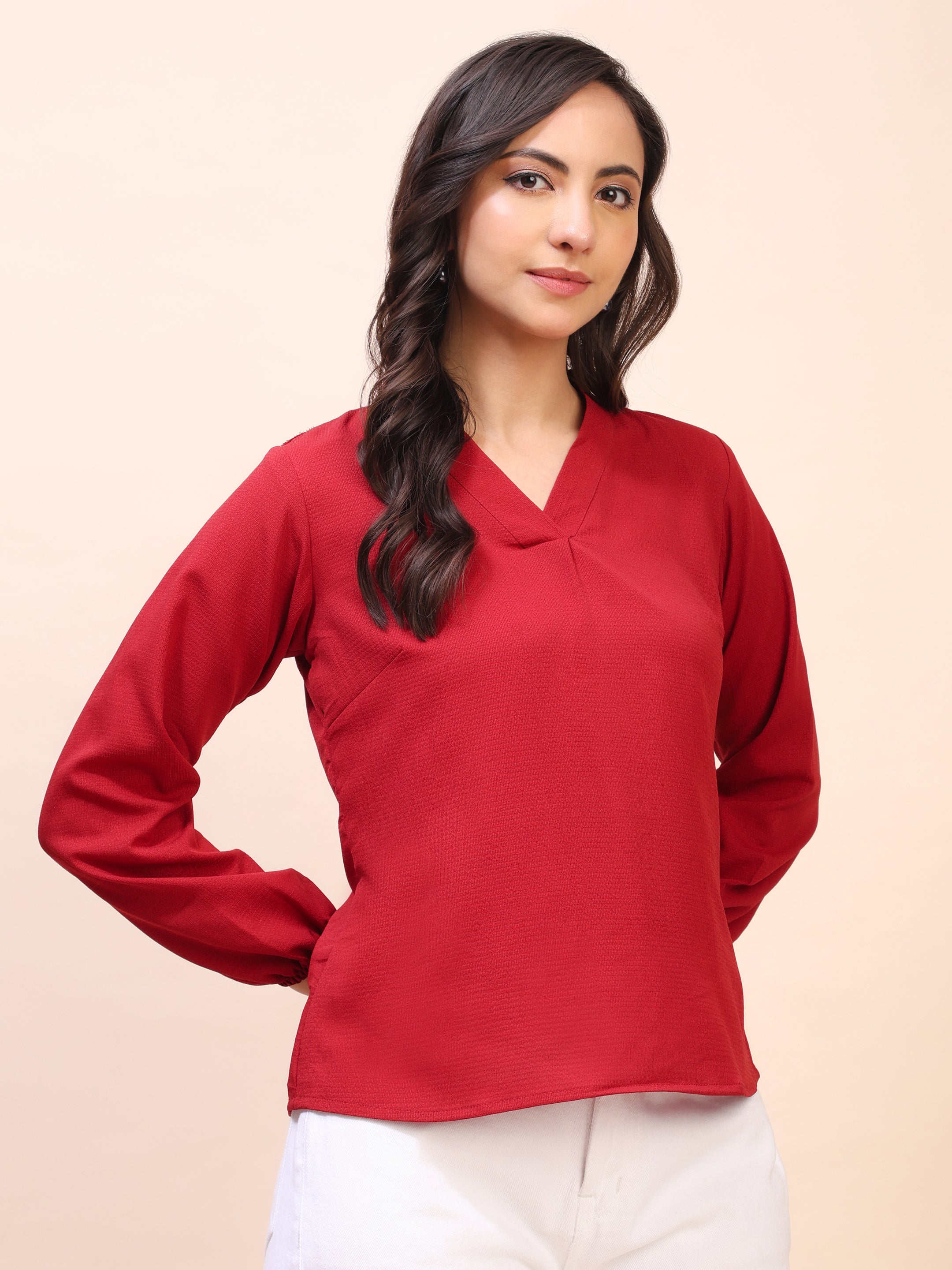 V-Neck Pleat Detail Full-Sleeve Top