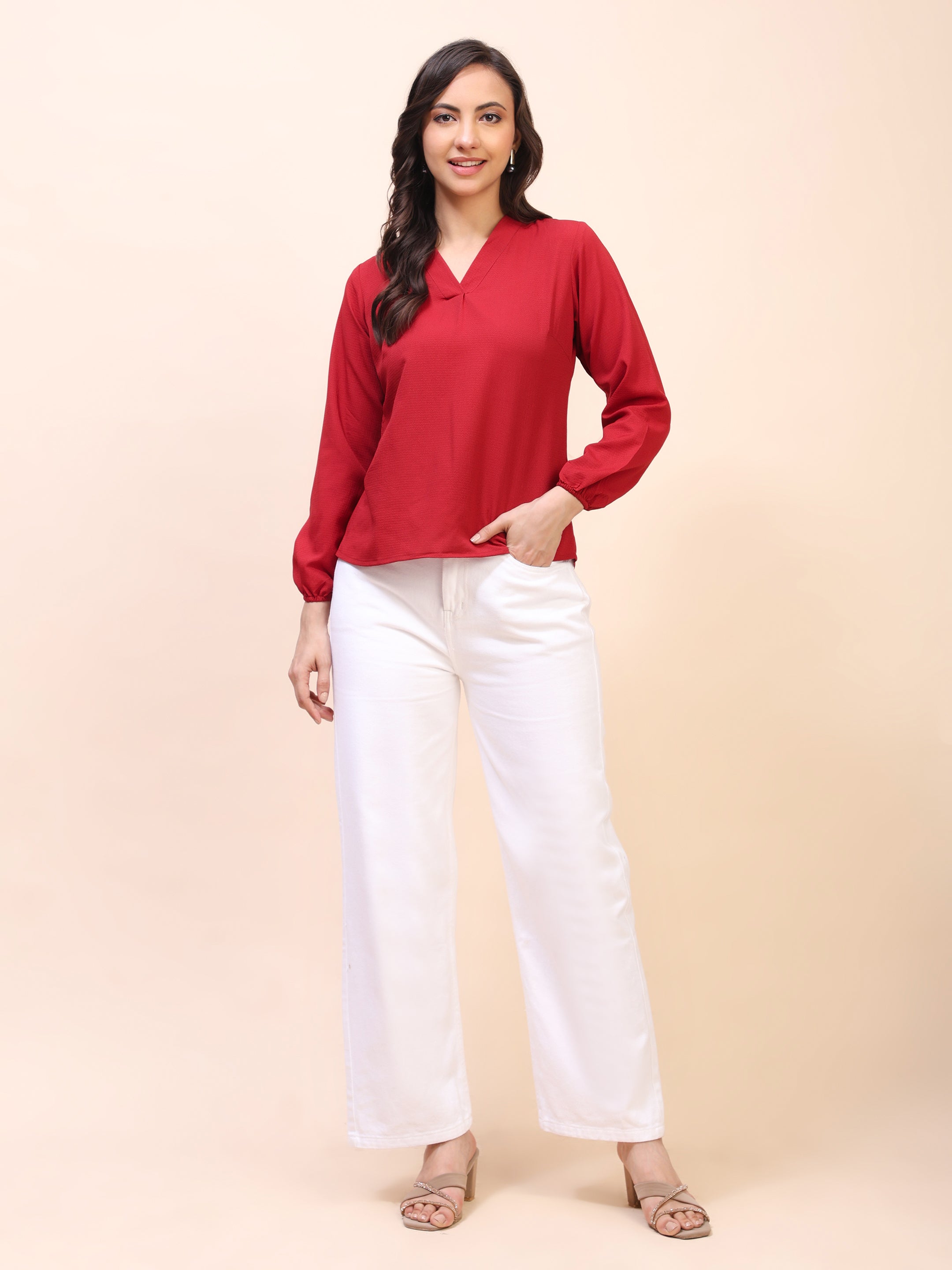 V-Neck Pleat Detail Full-Sleeve Top