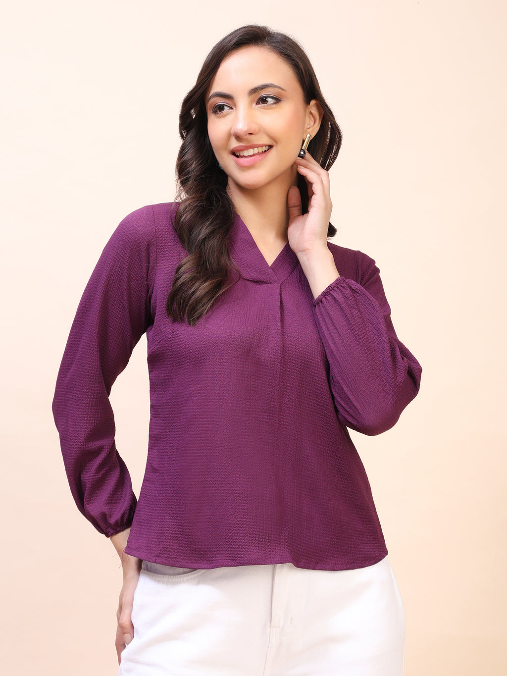 V-Neck Pleat Detail Full-Sleeve Top