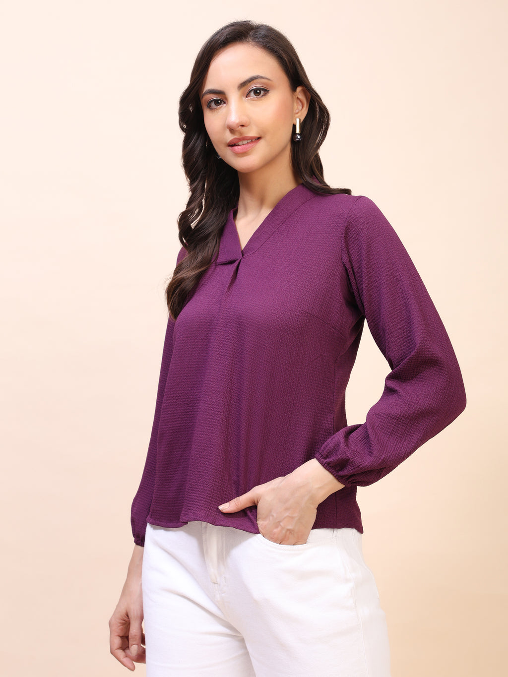 V-Neck Pleat Detail Full-Sleeve Top