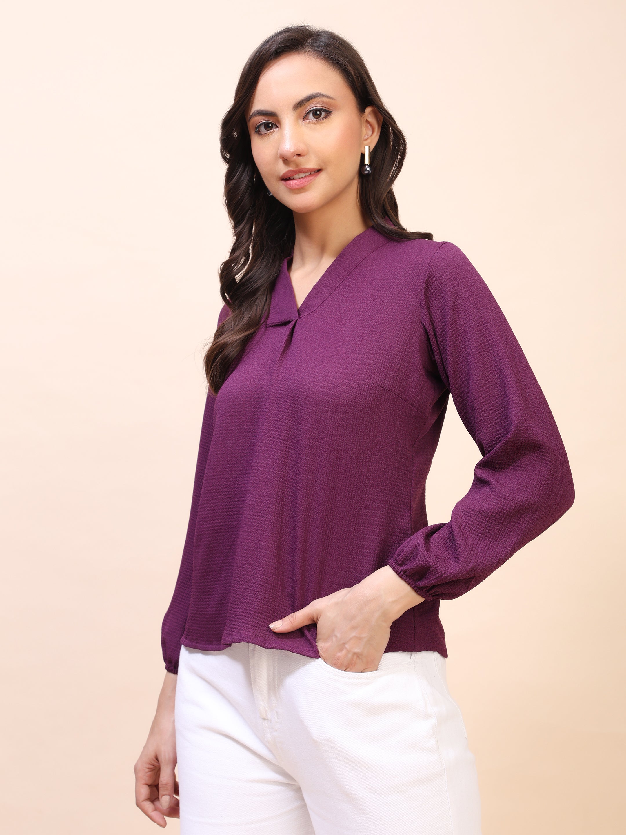 V-Neck Pleat Detail Full-Sleeve Top