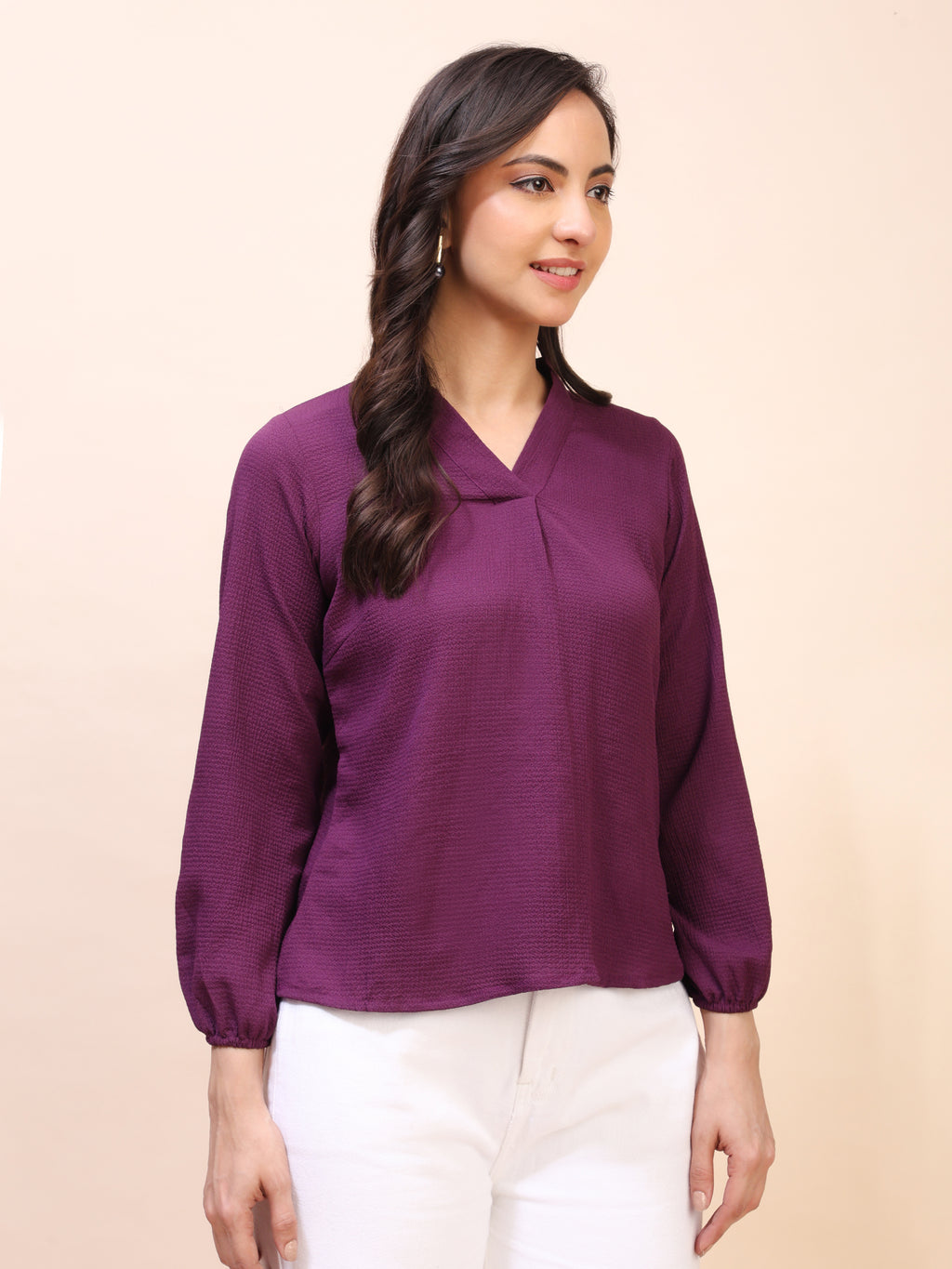 V-Neck Pleat Detail Full-Sleeve Top