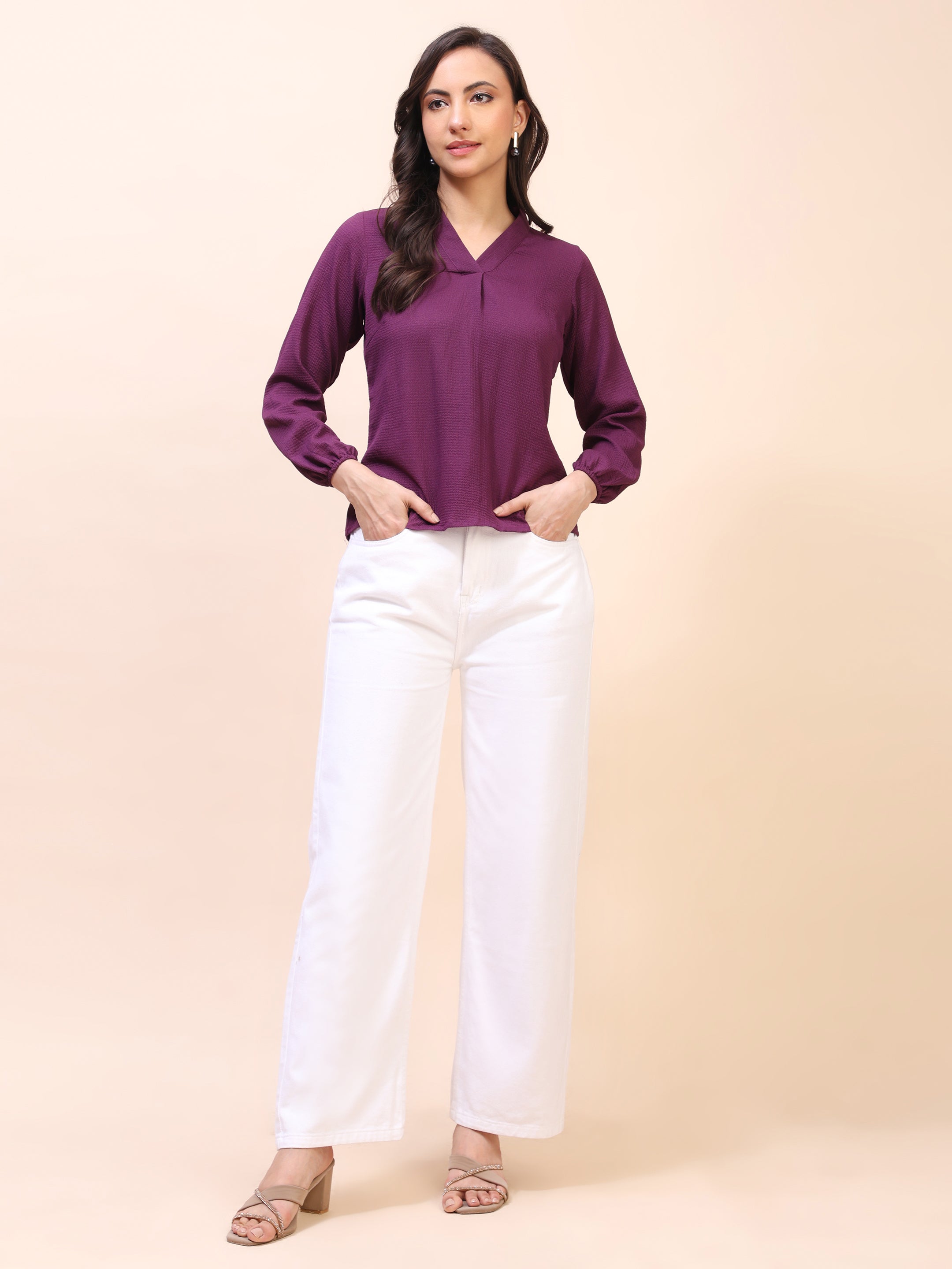 V-Neck Pleat Detail Full-Sleeve Top