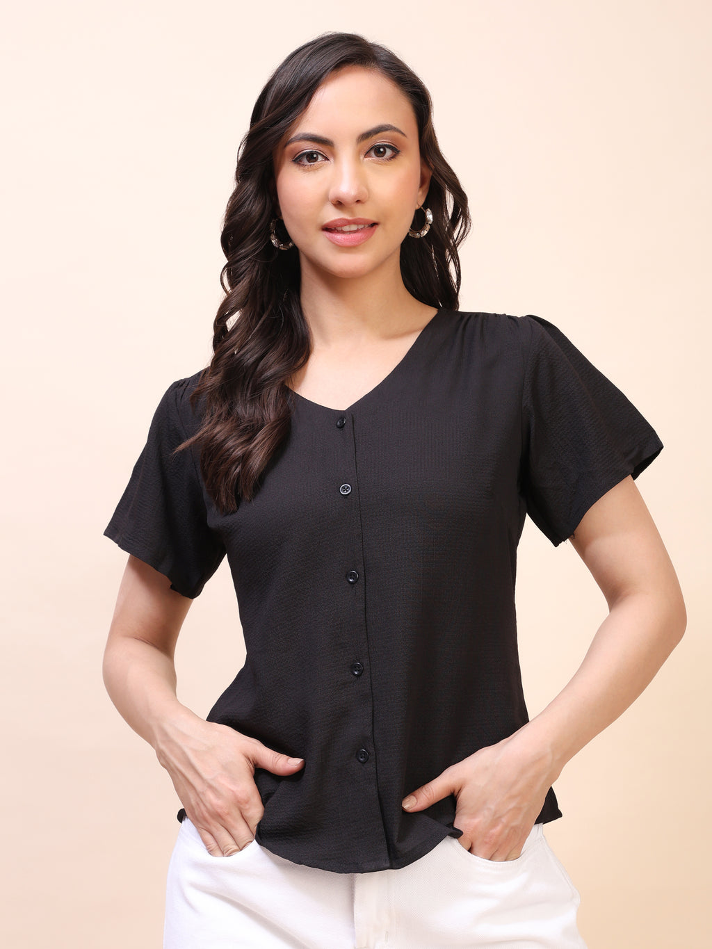 V-Neck Button-Down Puff Sleeve Top