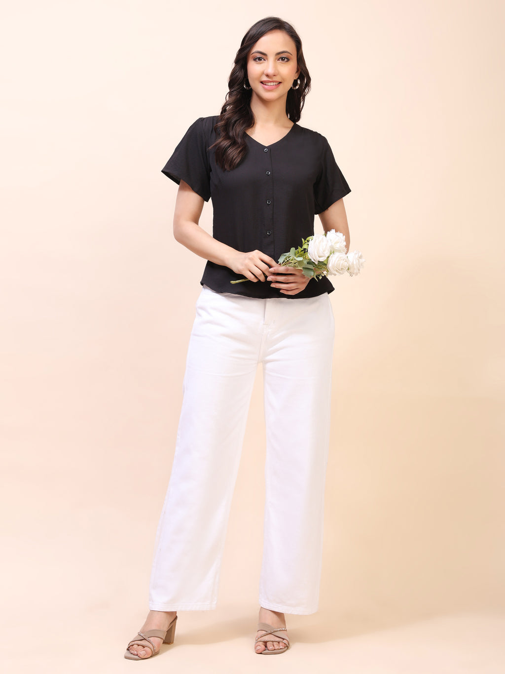 V-Neck Button-Down Puff Sleeve Top