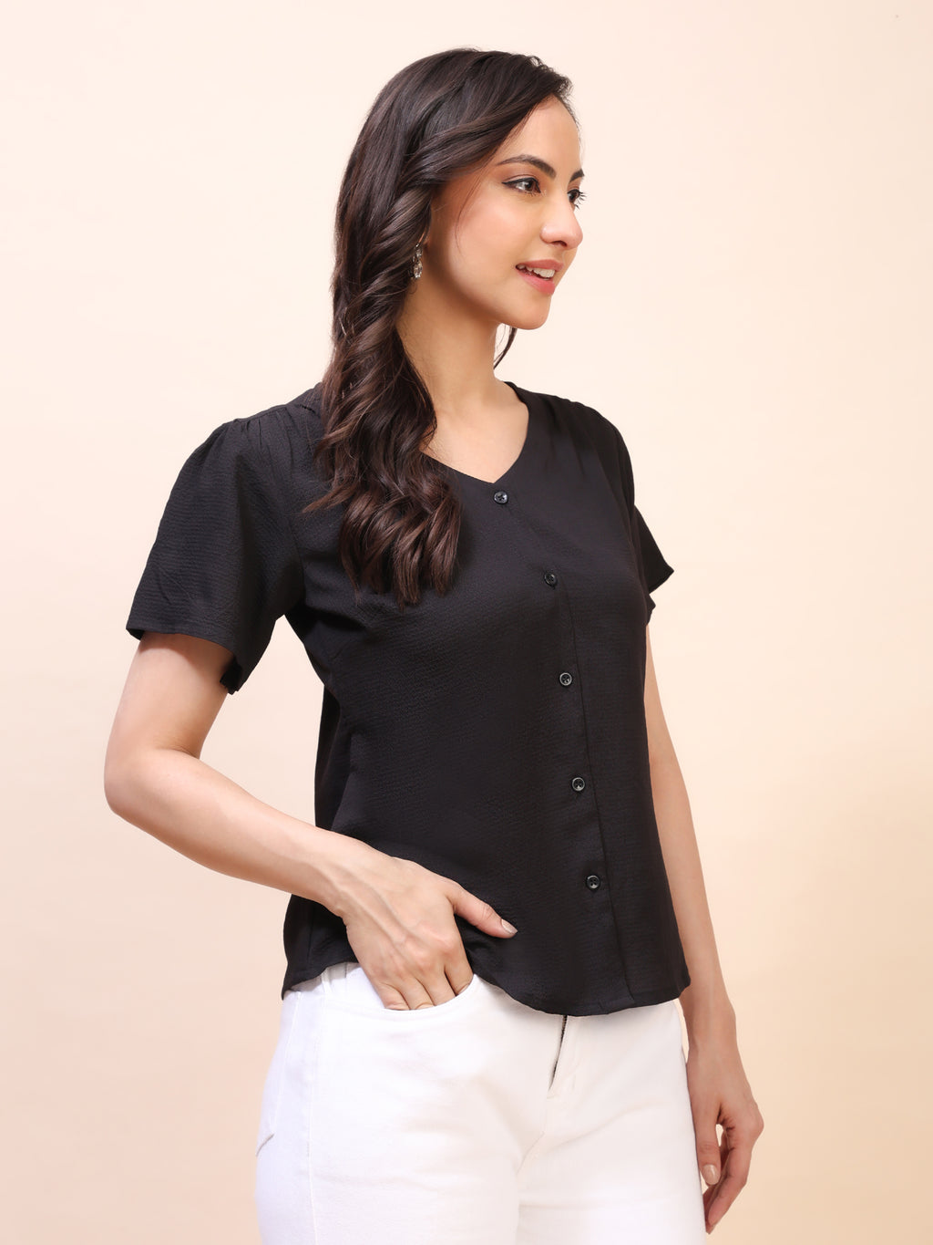 V-Neck Button-Down Puff Sleeve Top