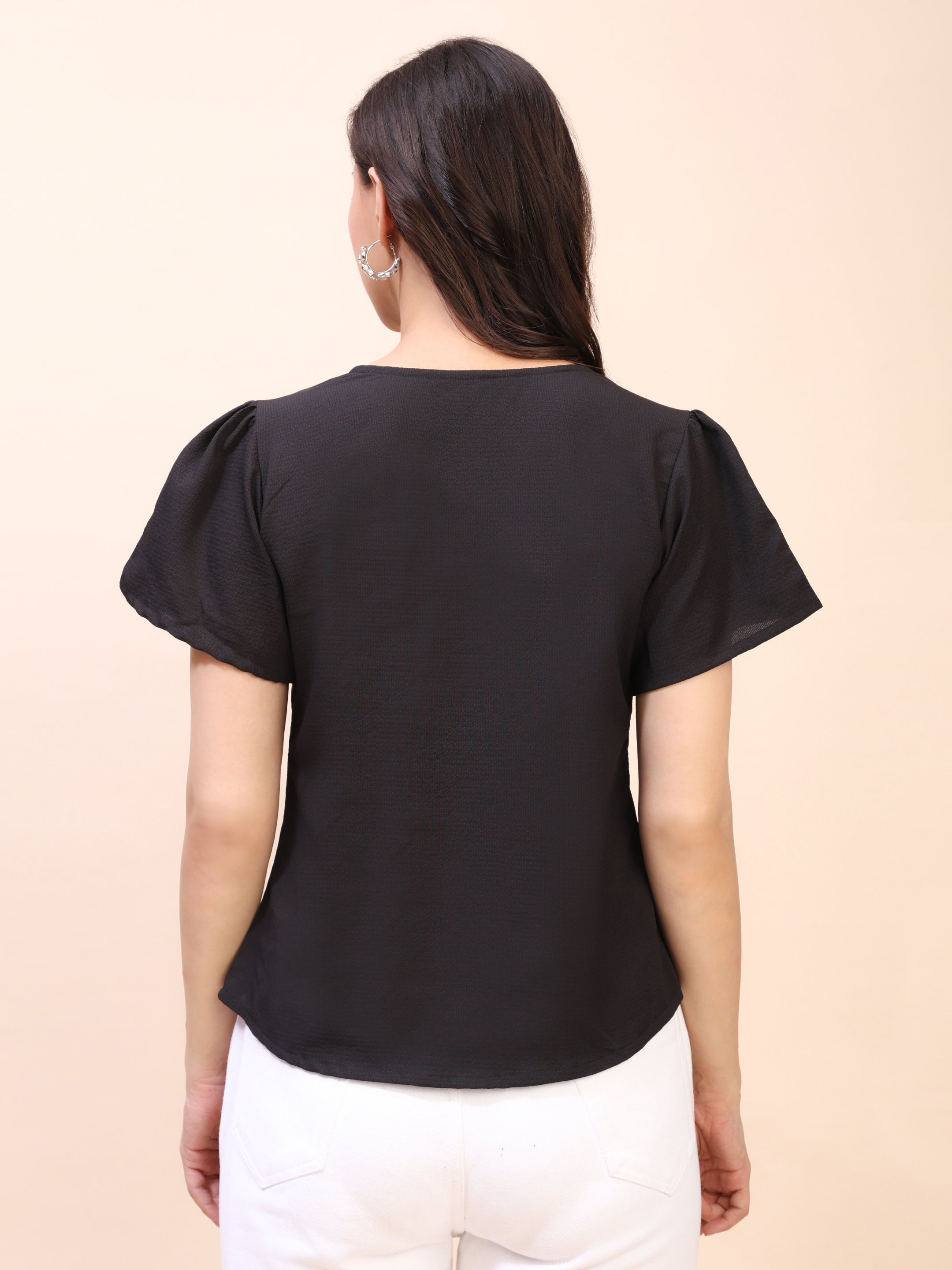 V-Neck Button-Down Puff Sleeve Top