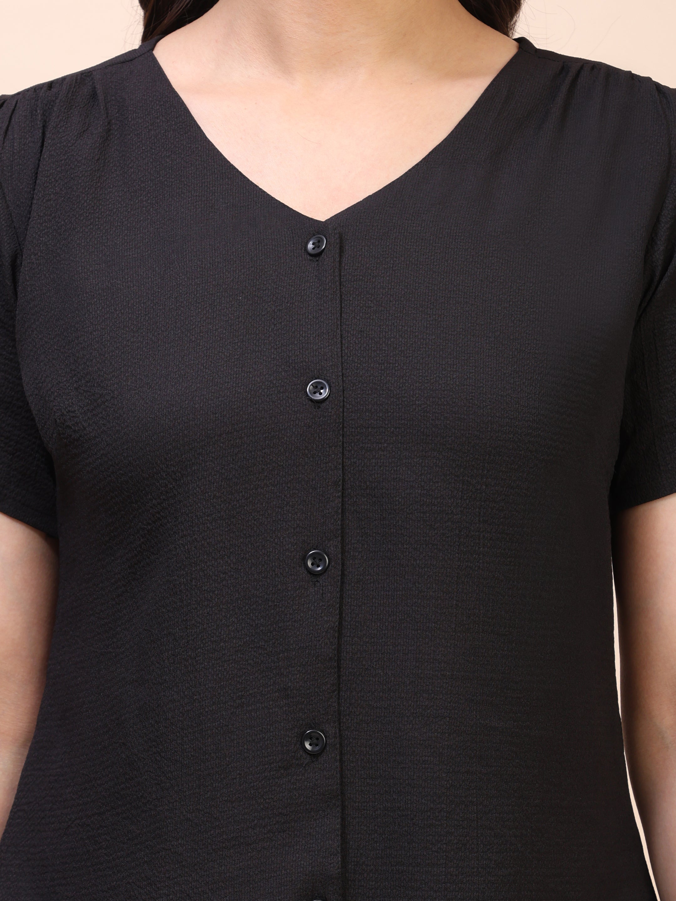 V-Neck Button-Down Puff Sleeve Top