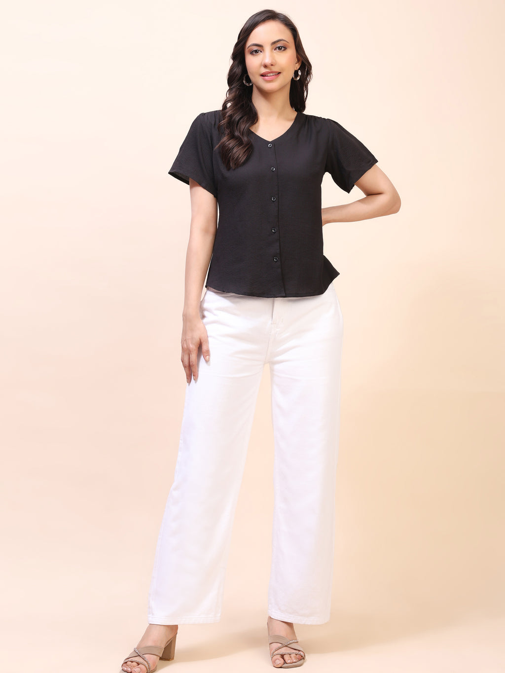 V-Neck Button-Down Puff Sleeve Top