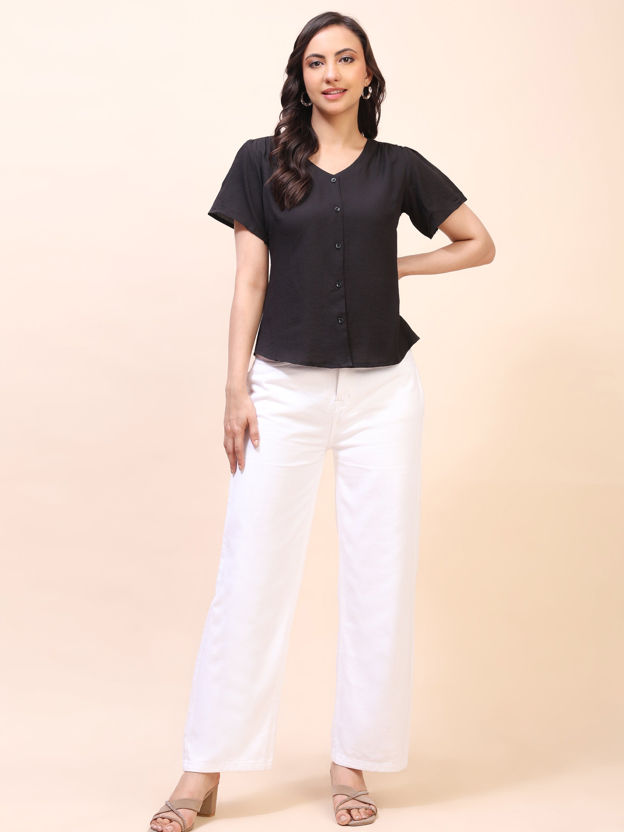 V-Neck Button-Down Puff Sleeve Top