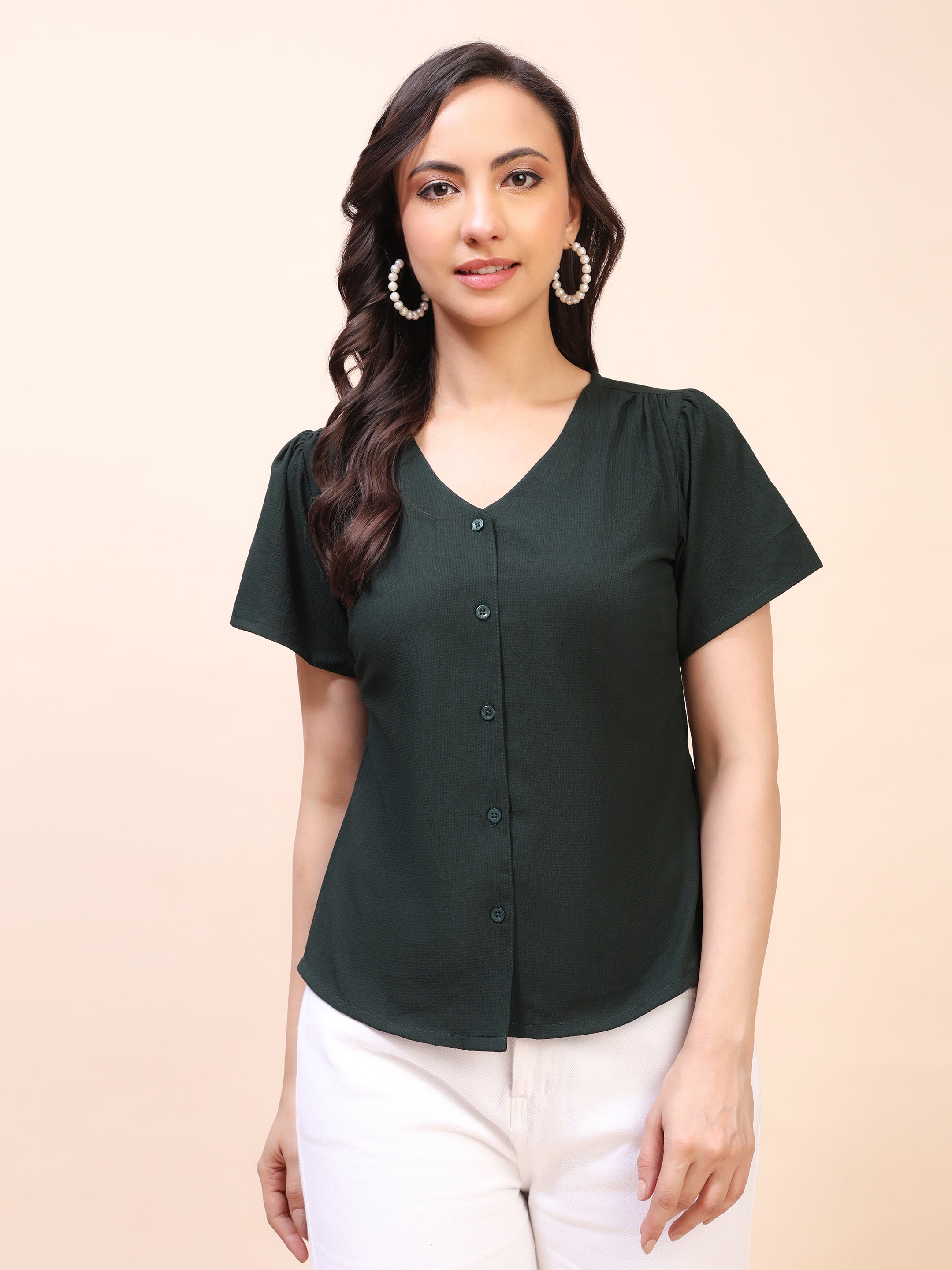V-Neck Button-Down Puff Sleeve Top