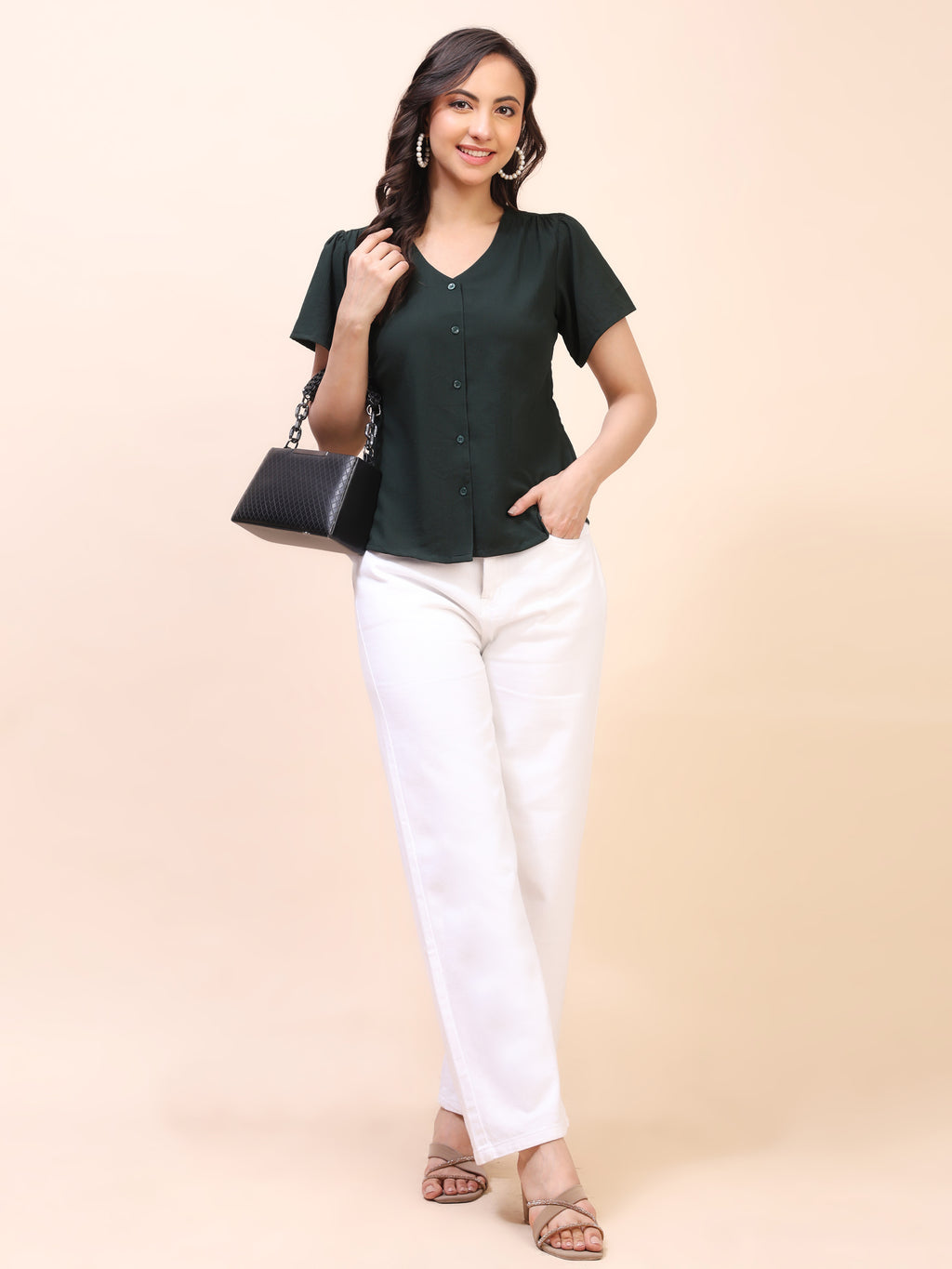 V-Neck Button-Down Puff Sleeve Top