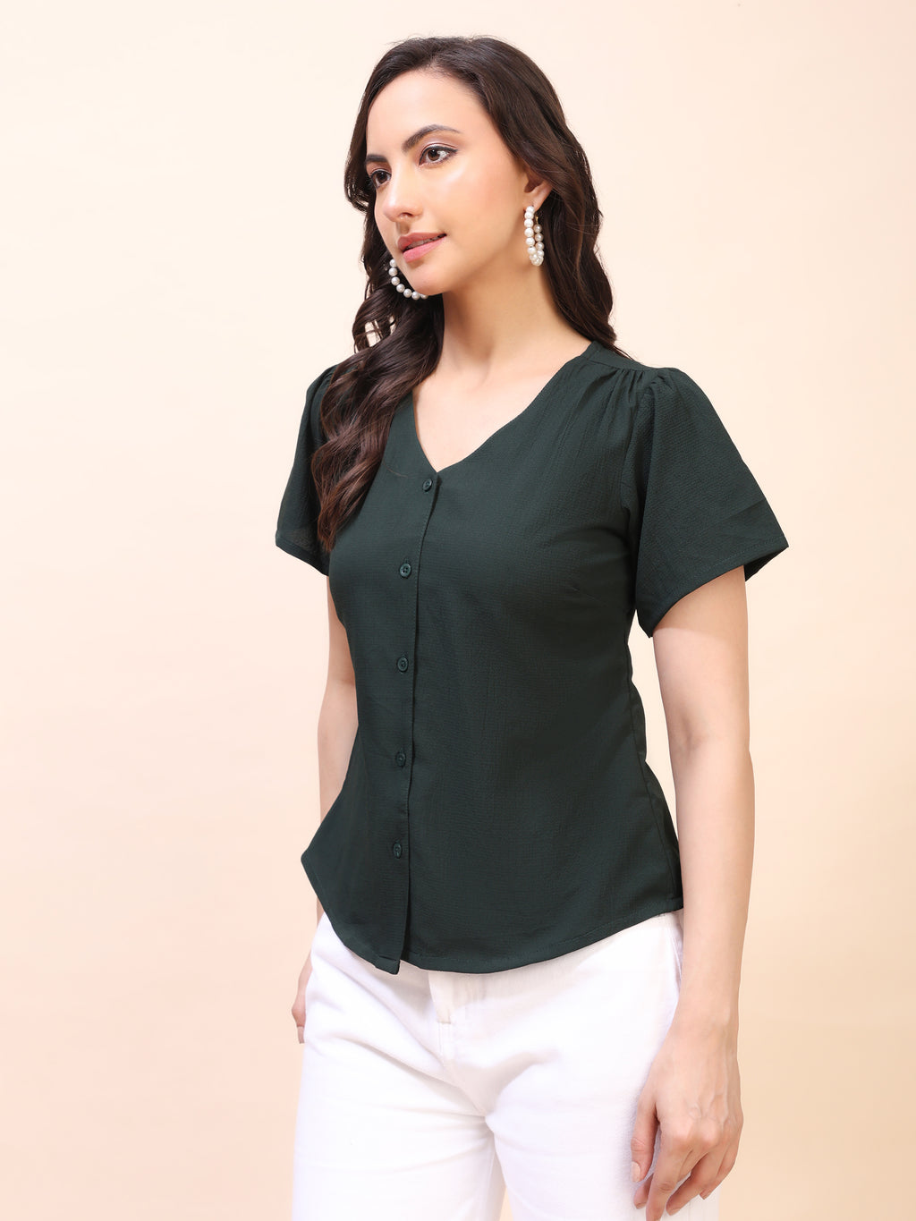 V-Neck Button-Down Puff Sleeve Top