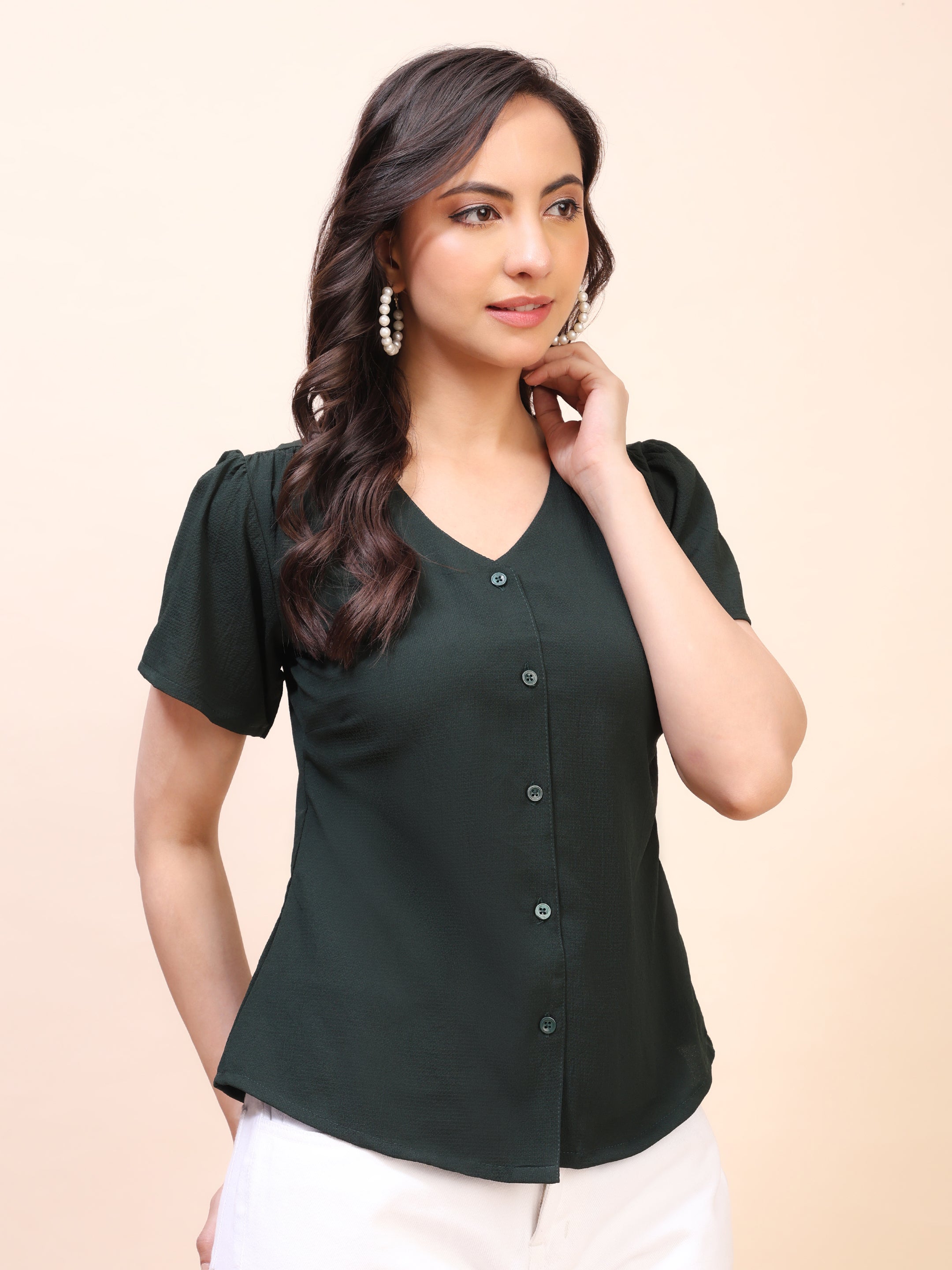 V-Neck Button-Down Puff Sleeve Top
