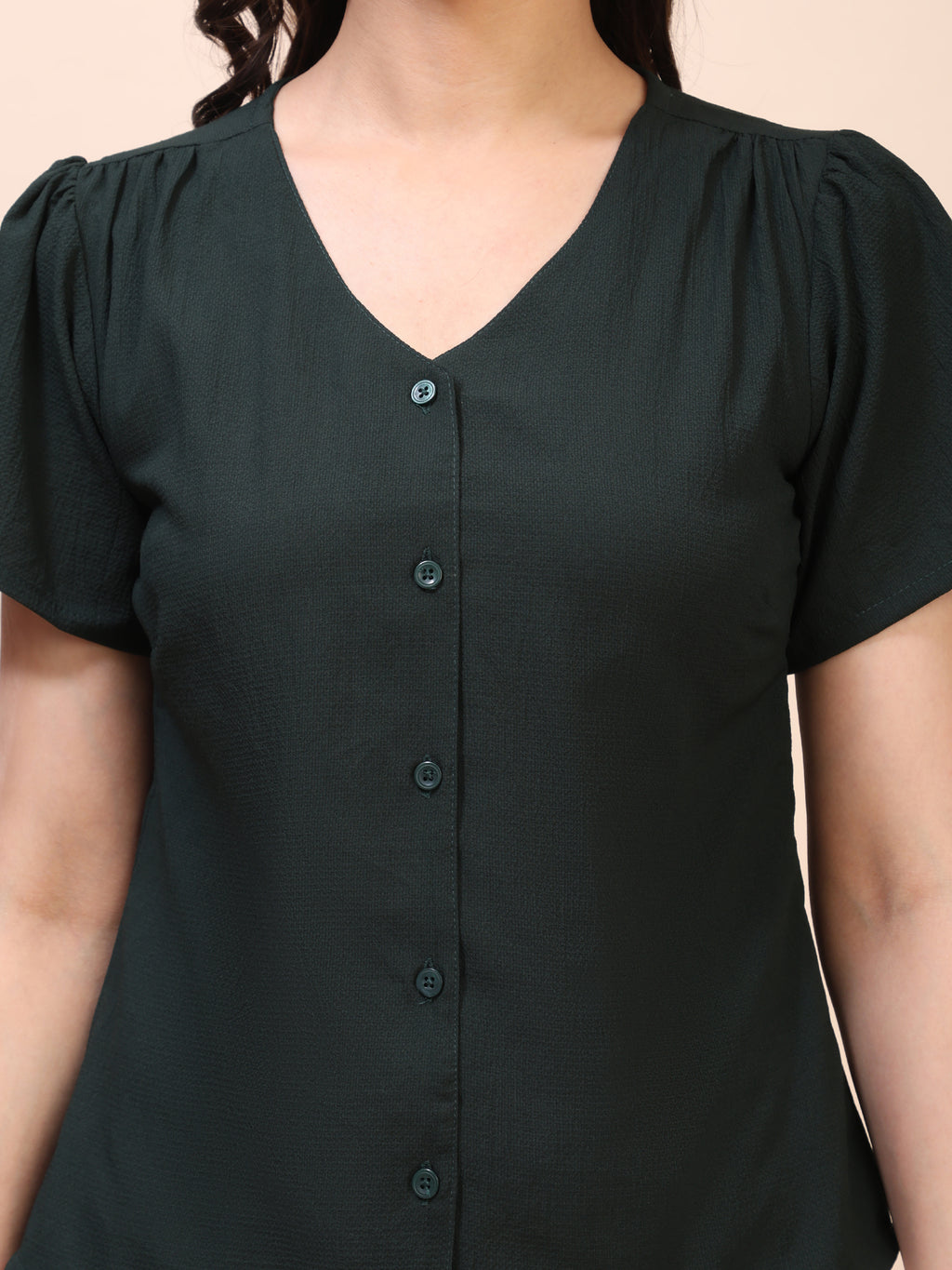 V-Neck Button-Down Puff Sleeve Top