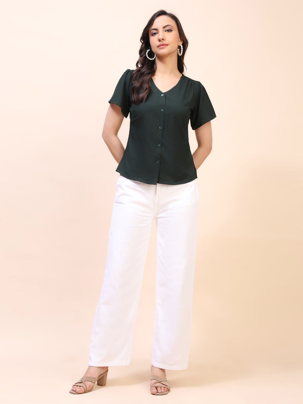 V-Neck Button-Down Puff Sleeve Top