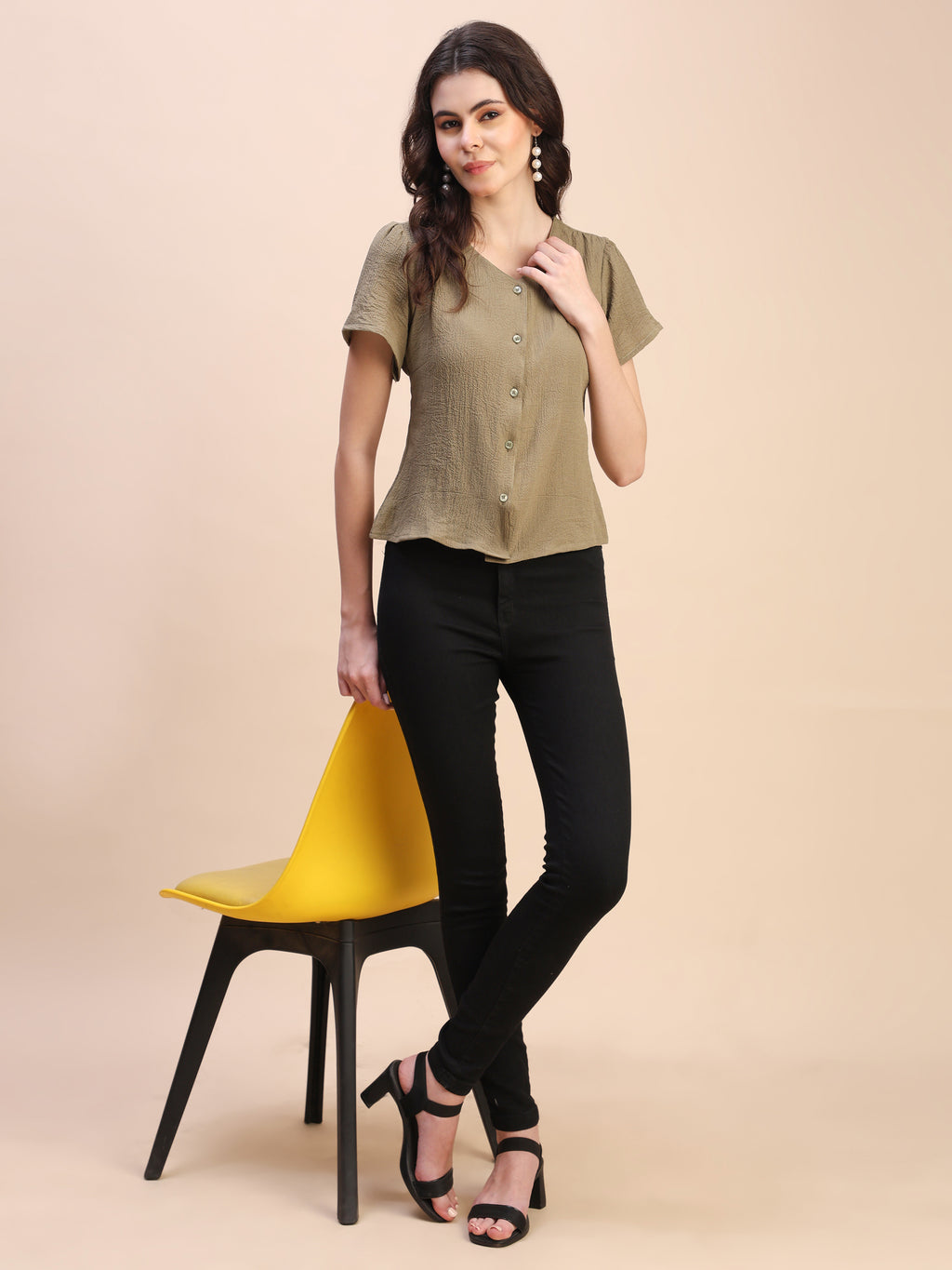 V-Neck Button-Down Puff Sleeve Top