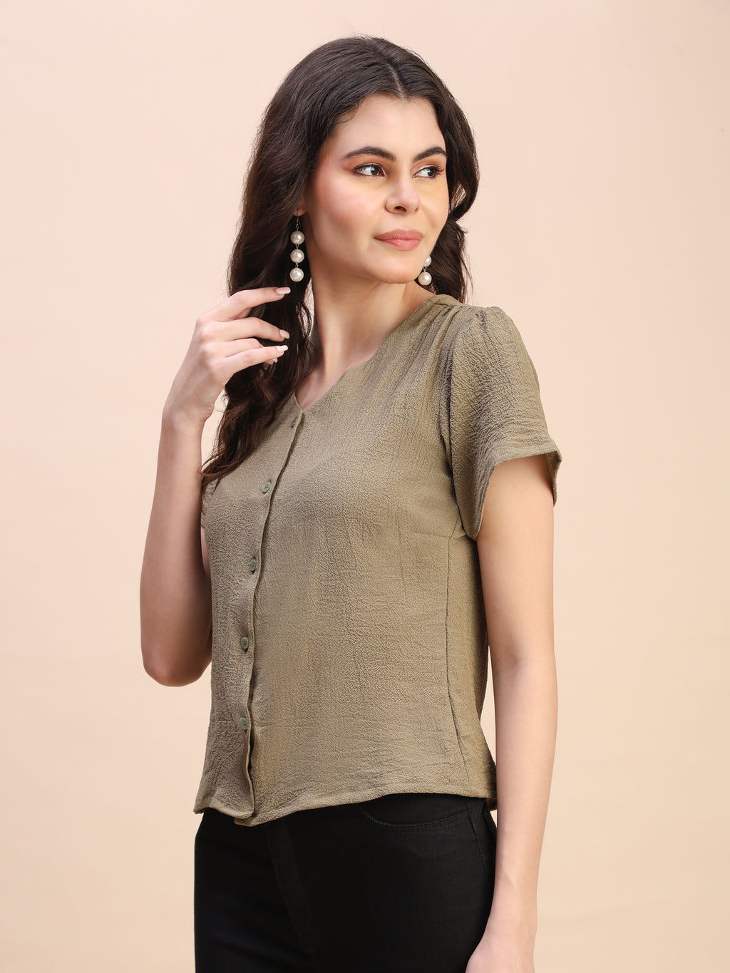 V-Neck Button-Down Puff Sleeve Top