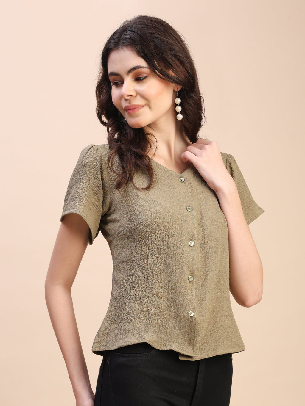 V-Neck Button-Down Puff Sleeve Top