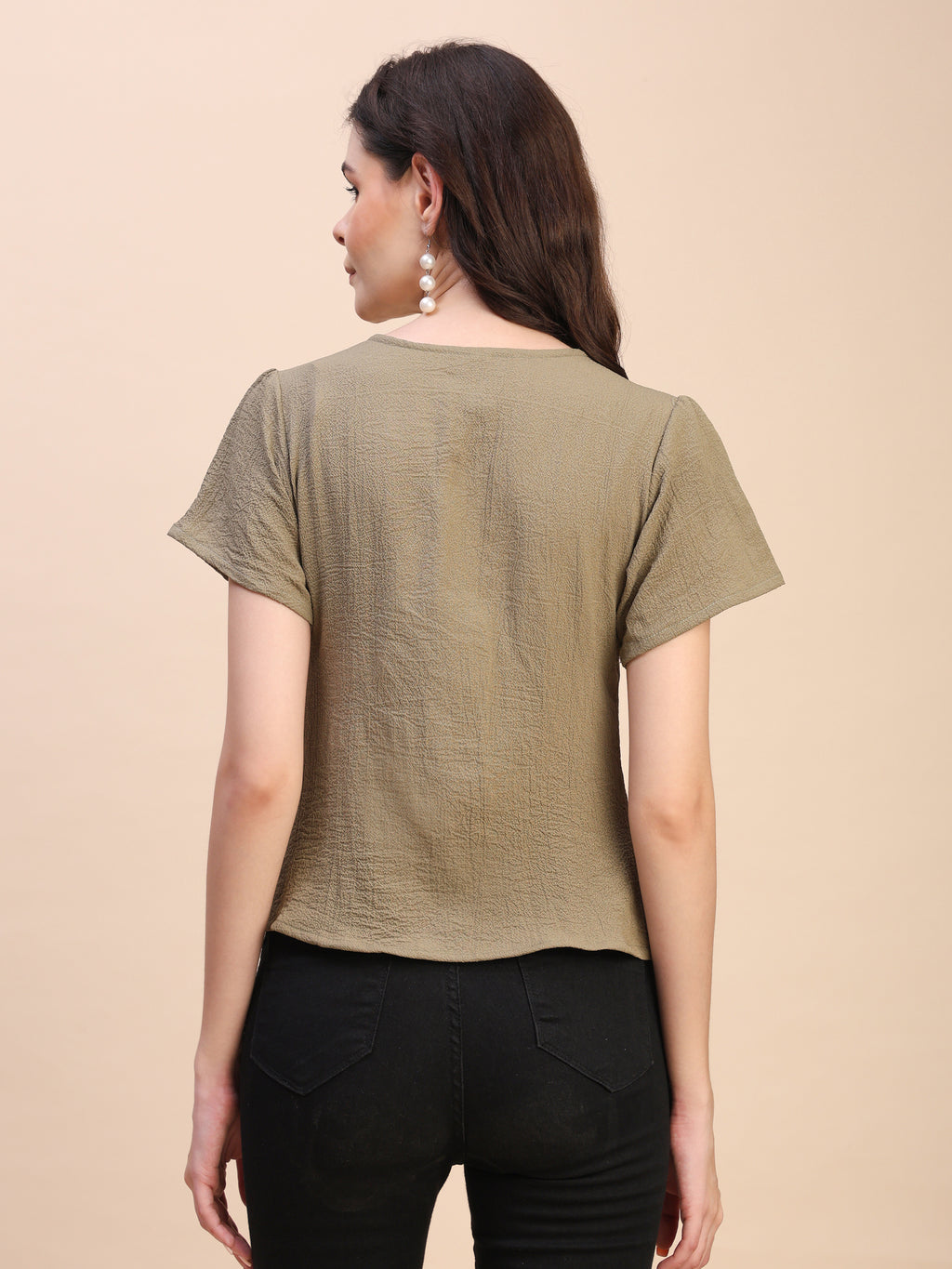 V-Neck Button-Down Puff Sleeve Top