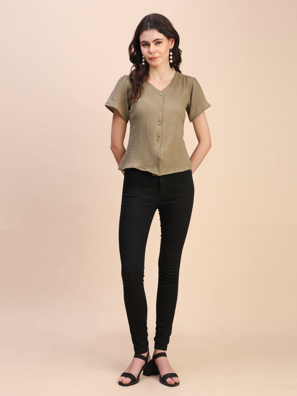 V-Neck Button-Down Puff Sleeve Top