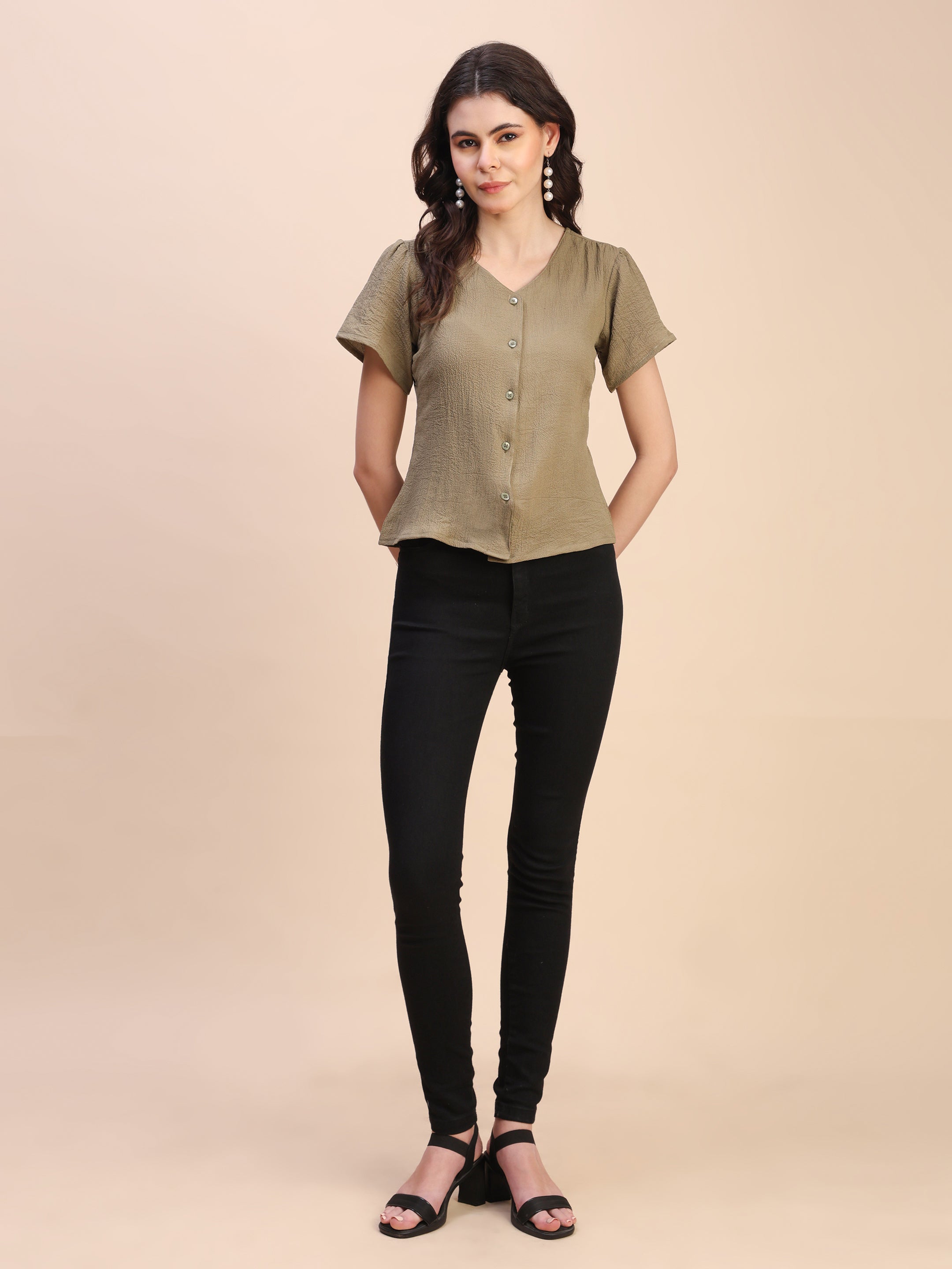 V-Neck Button-Down Puff Sleeve Top