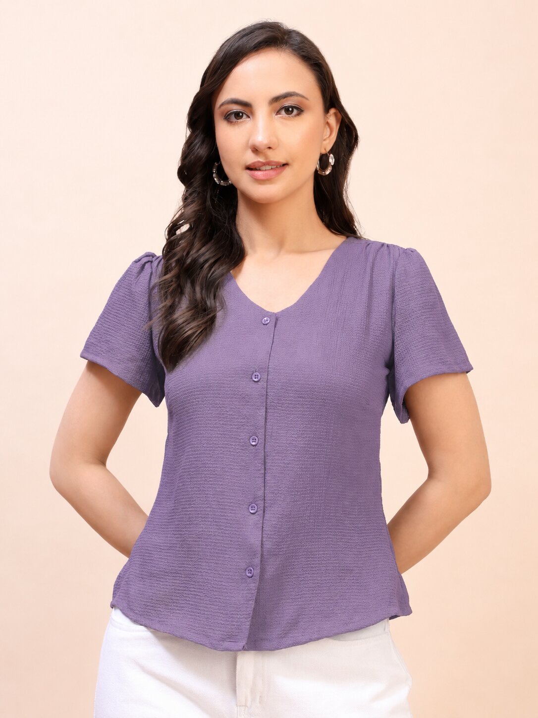 V-Neck Button-Down Puff Sleeve Top