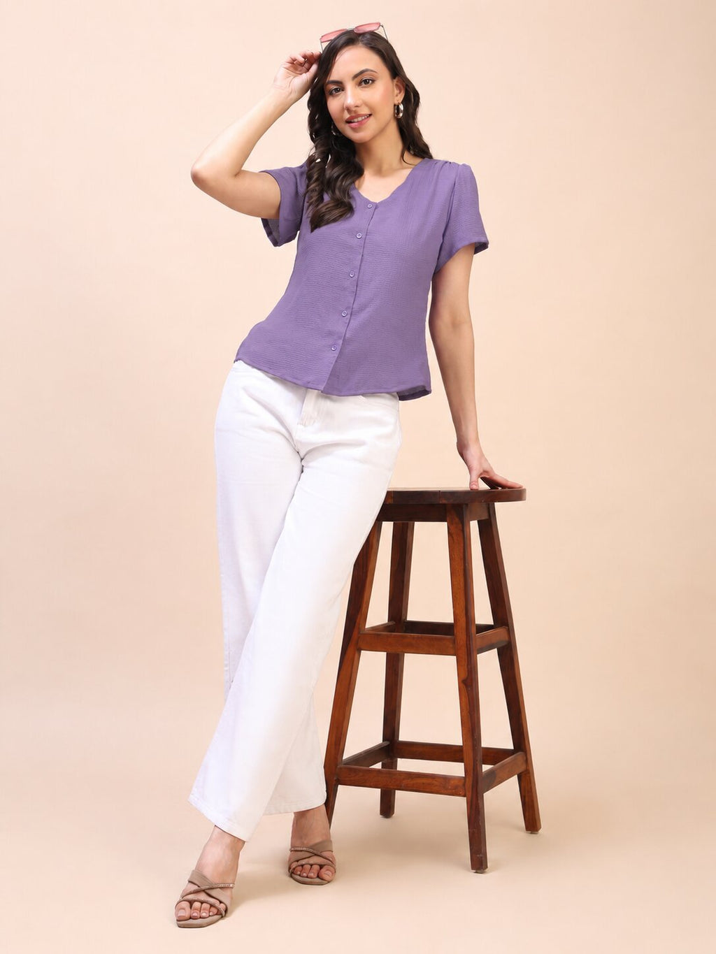 V-Neck Button-Down Puff Sleeve Top
