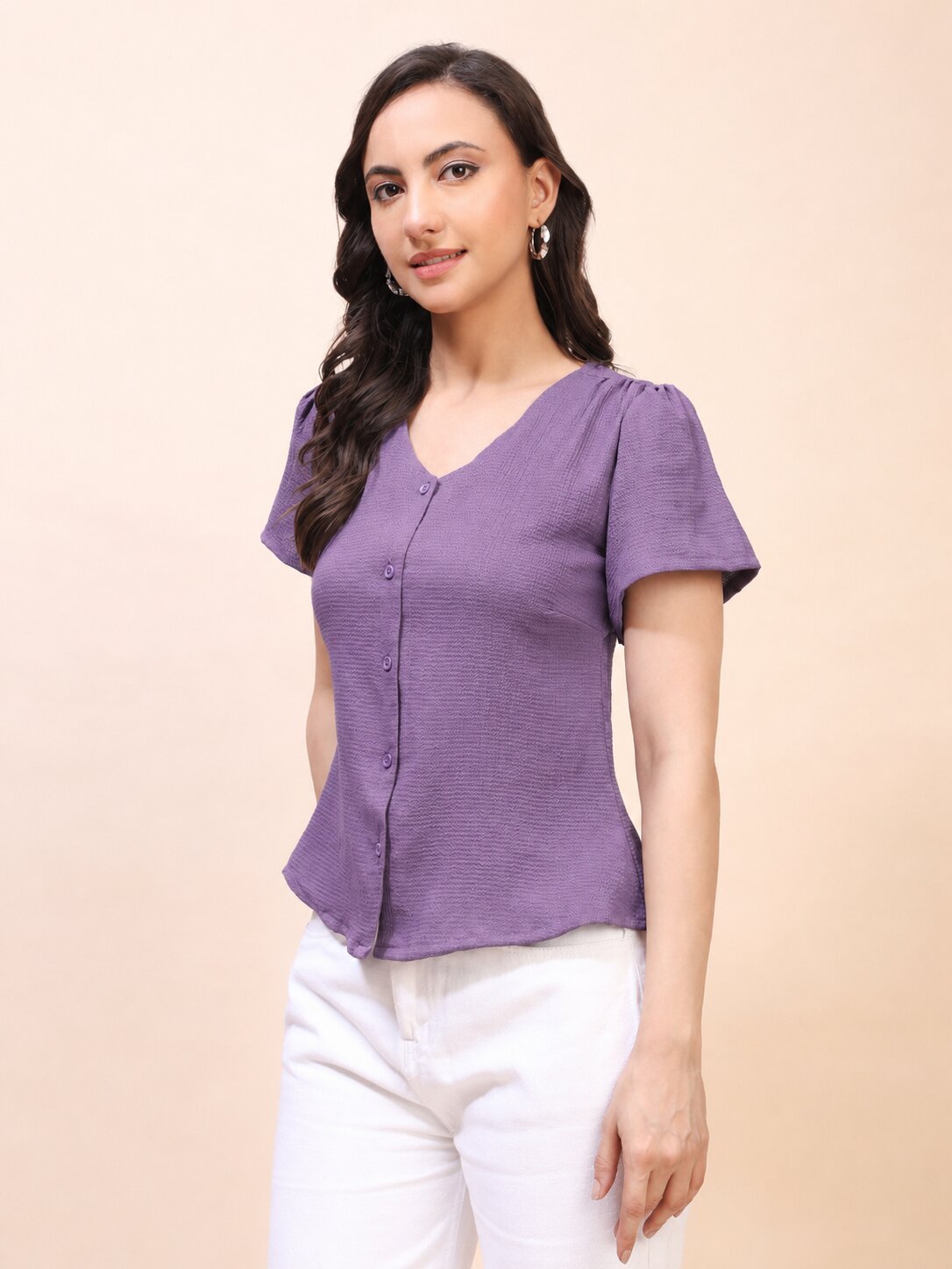 V-Neck Button-Down Puff Sleeve Top