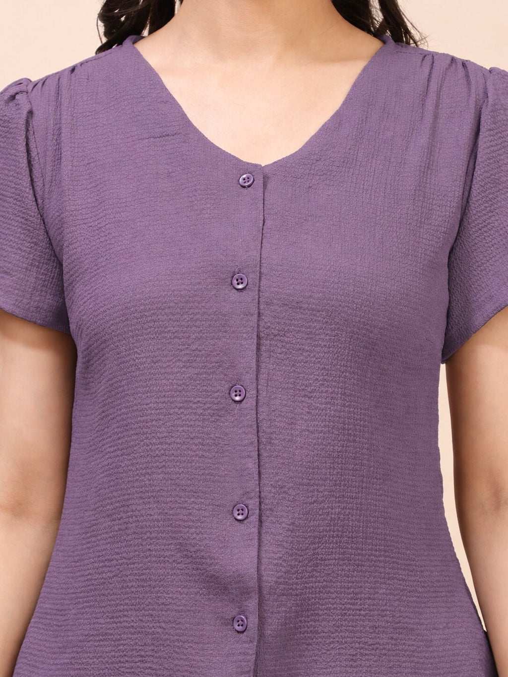 V-Neck Button-Down Puff Sleeve Top
