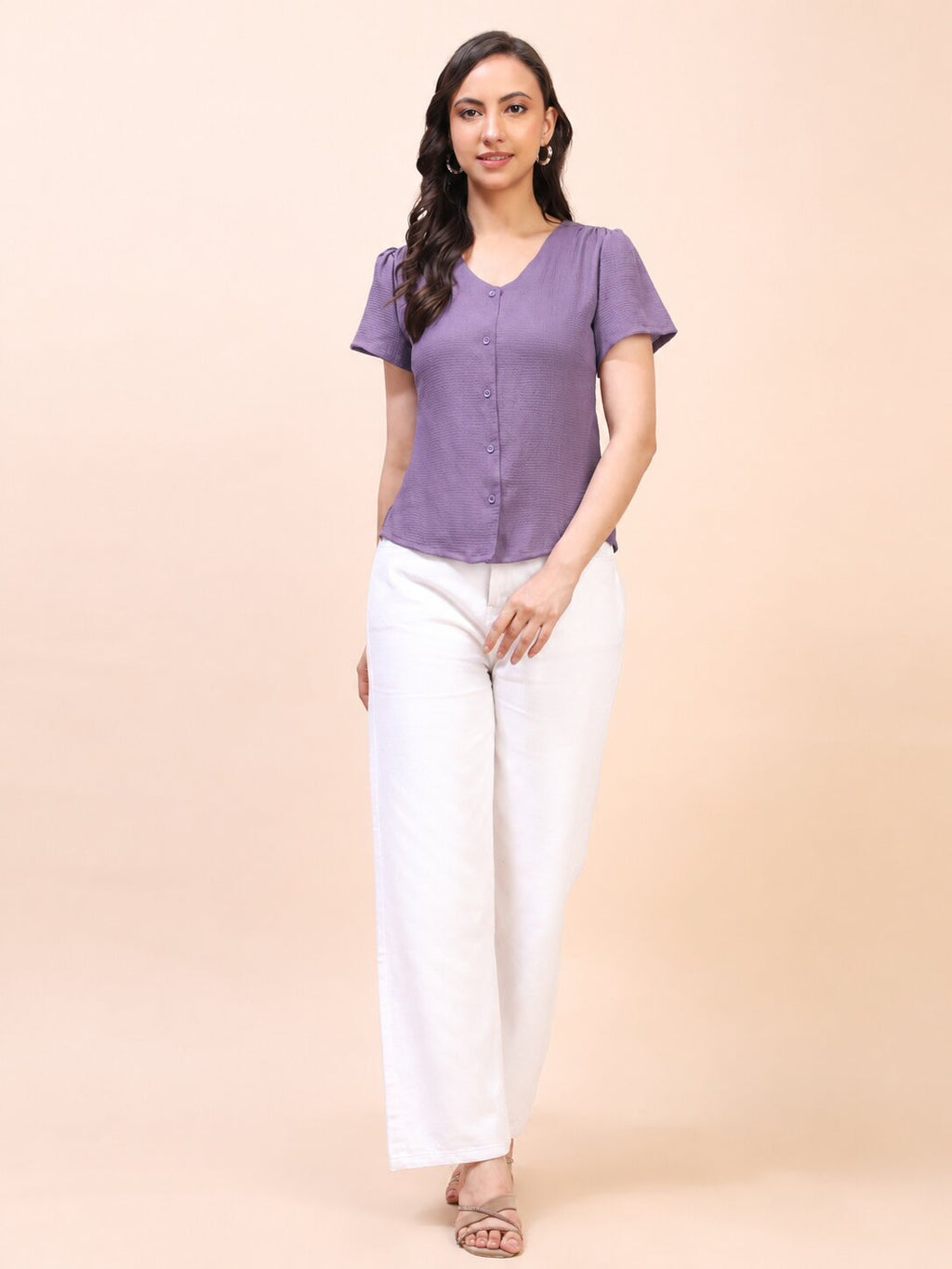 V-Neck Button-Down Puff Sleeve Top