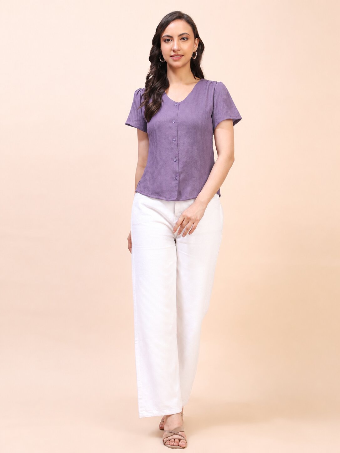 V-Neck Button-Down Puff Sleeve Top